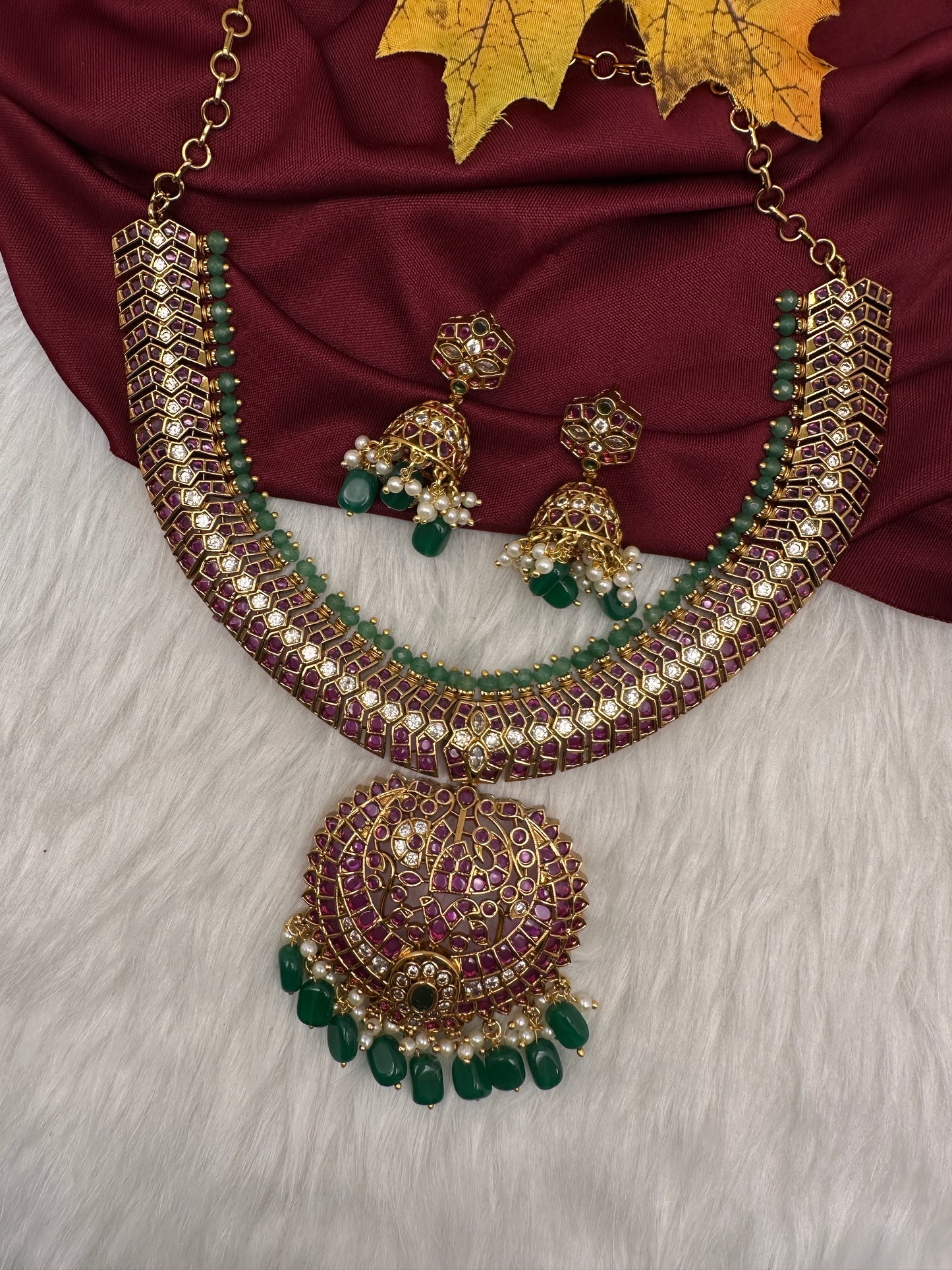 Kempu Red Green Short Necklace with Jhumkis - 
