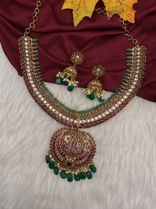 Kempu Red Green Short Necklace with Jhumkis - 