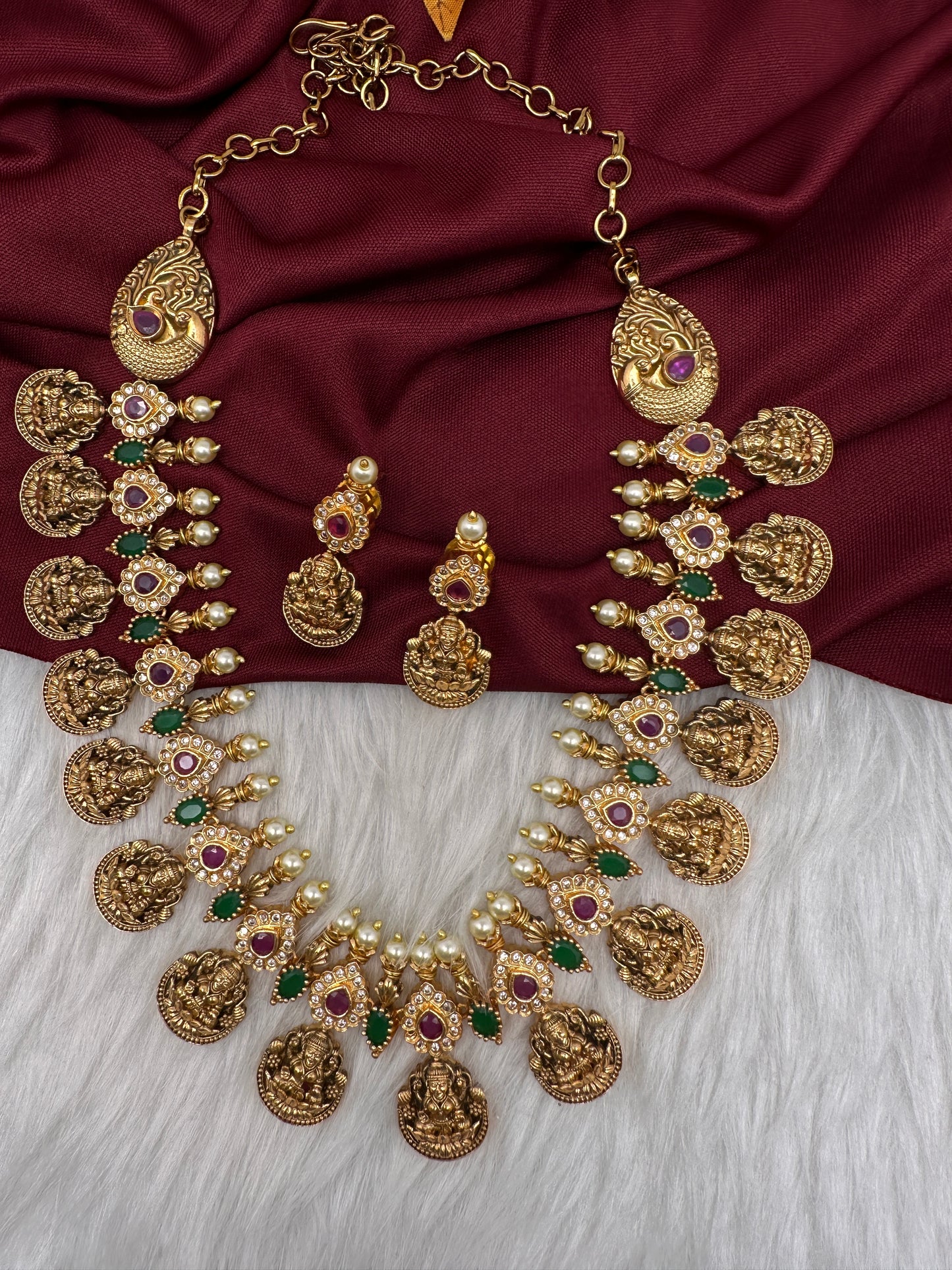 Multi Color Stones Goddess Lakshmi Short Necklace - 