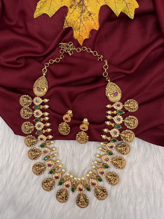 Multi Color Stones Goddess Lakshmi Short Necklace - 