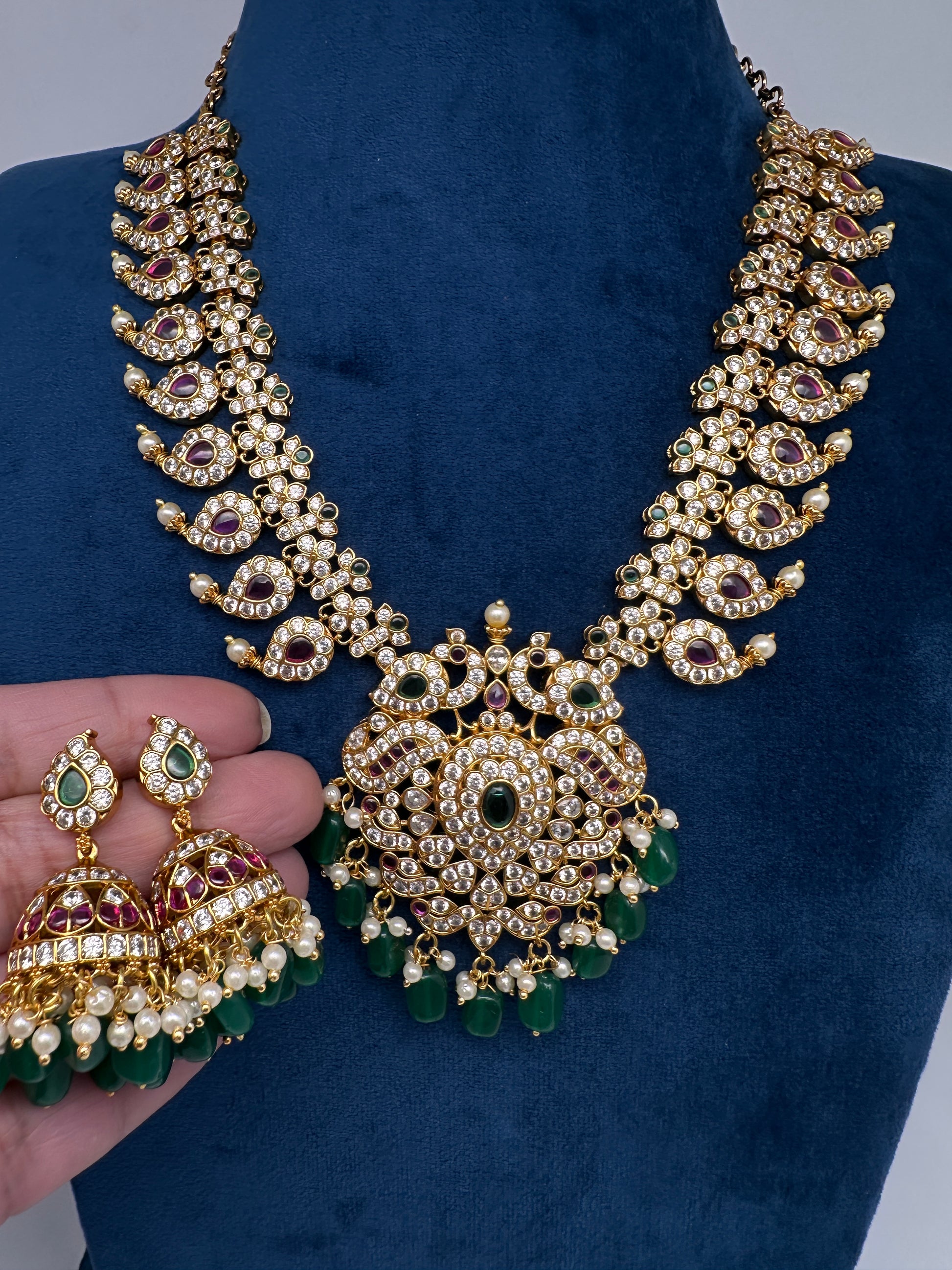 Red Green Mango Mala Short Necklace with Jhumkis - 