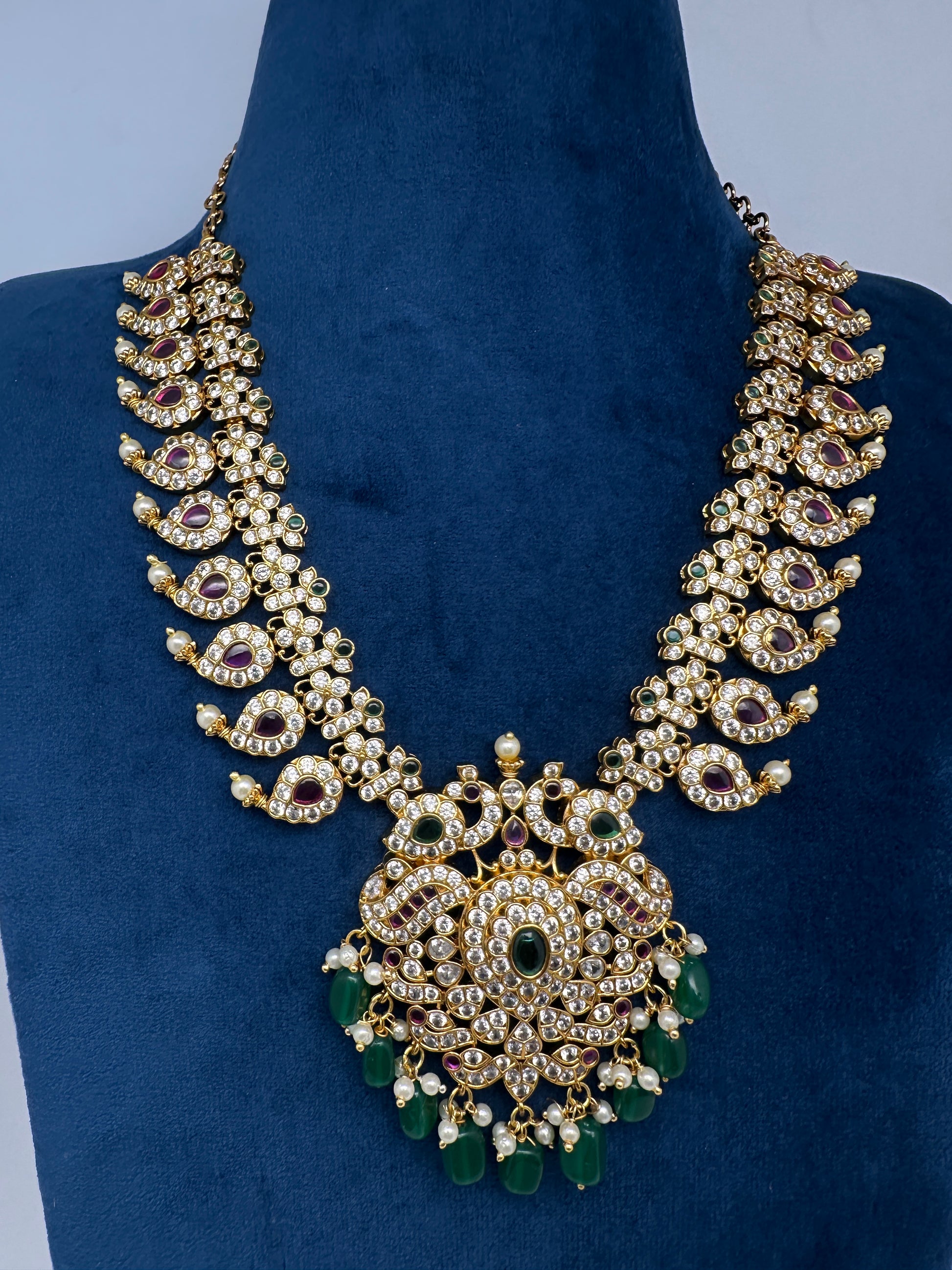 Red Green Mango Mala Short Necklace with Jhumkis - 