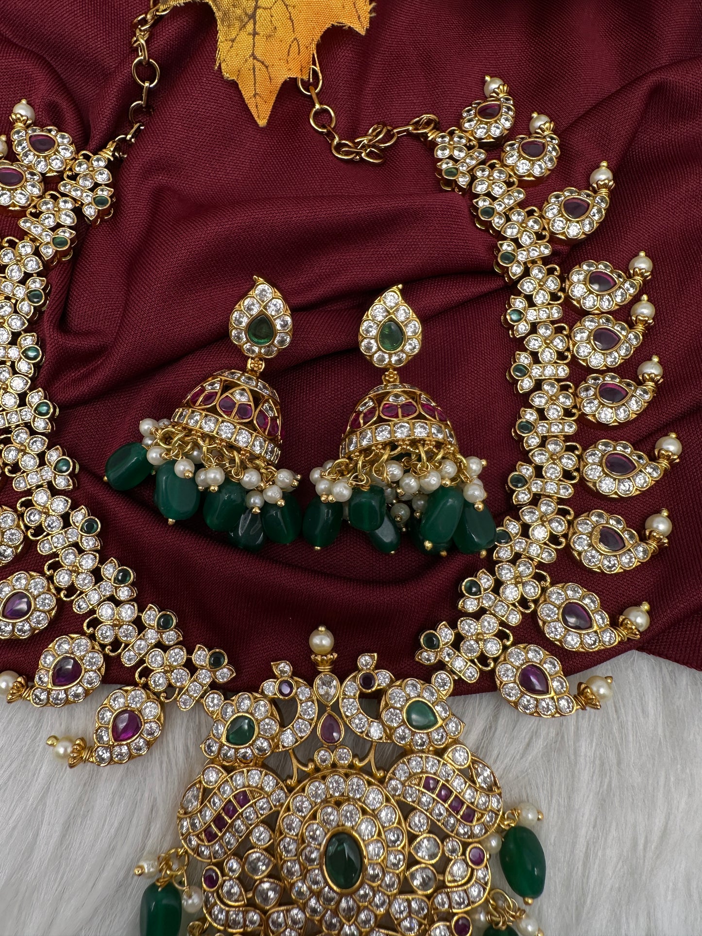 Red Green Mango Mala Short Necklace with Jhumkis - 
