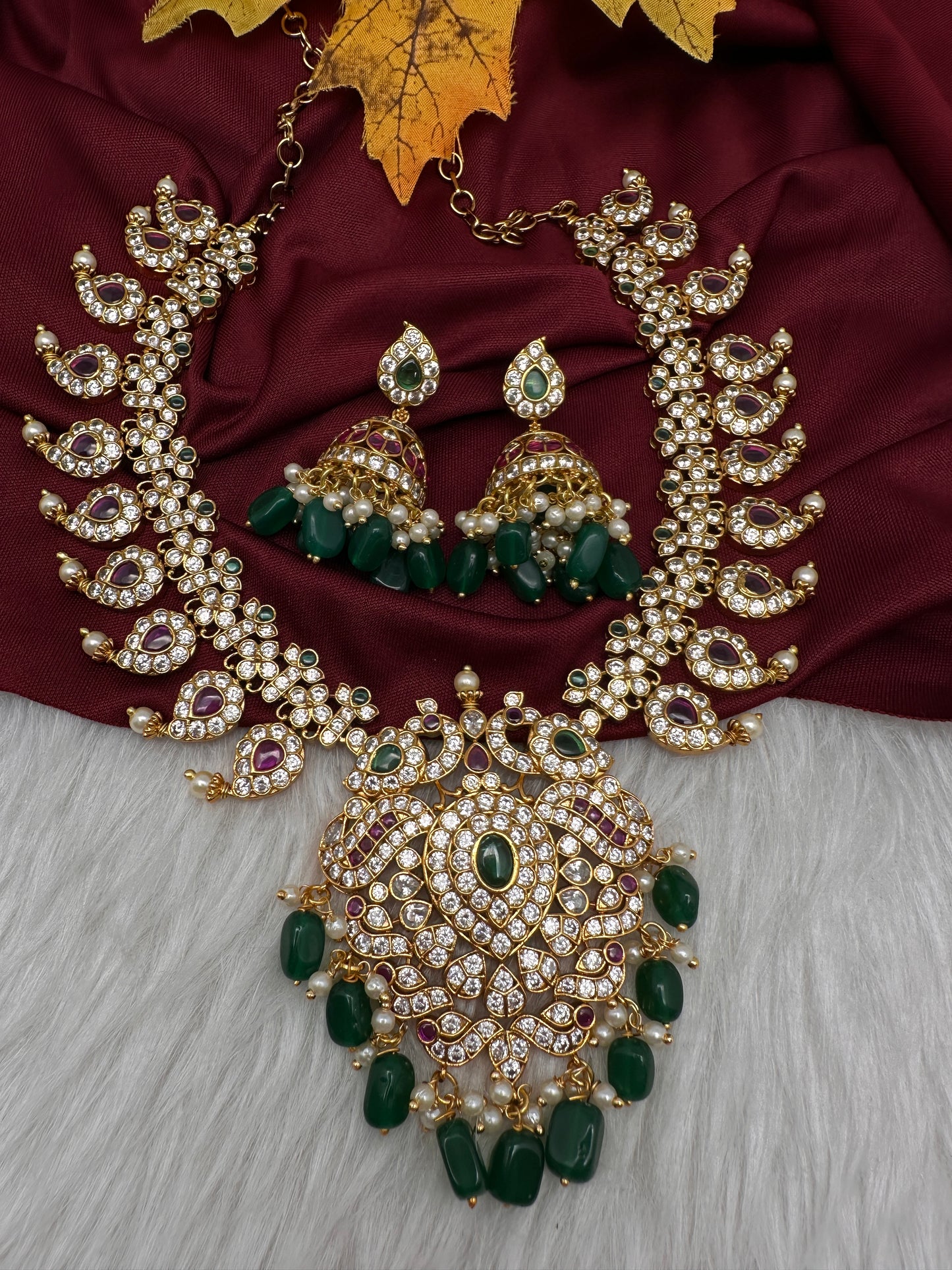 Red Green Mango Mala Short Necklace with Jhumkis - 