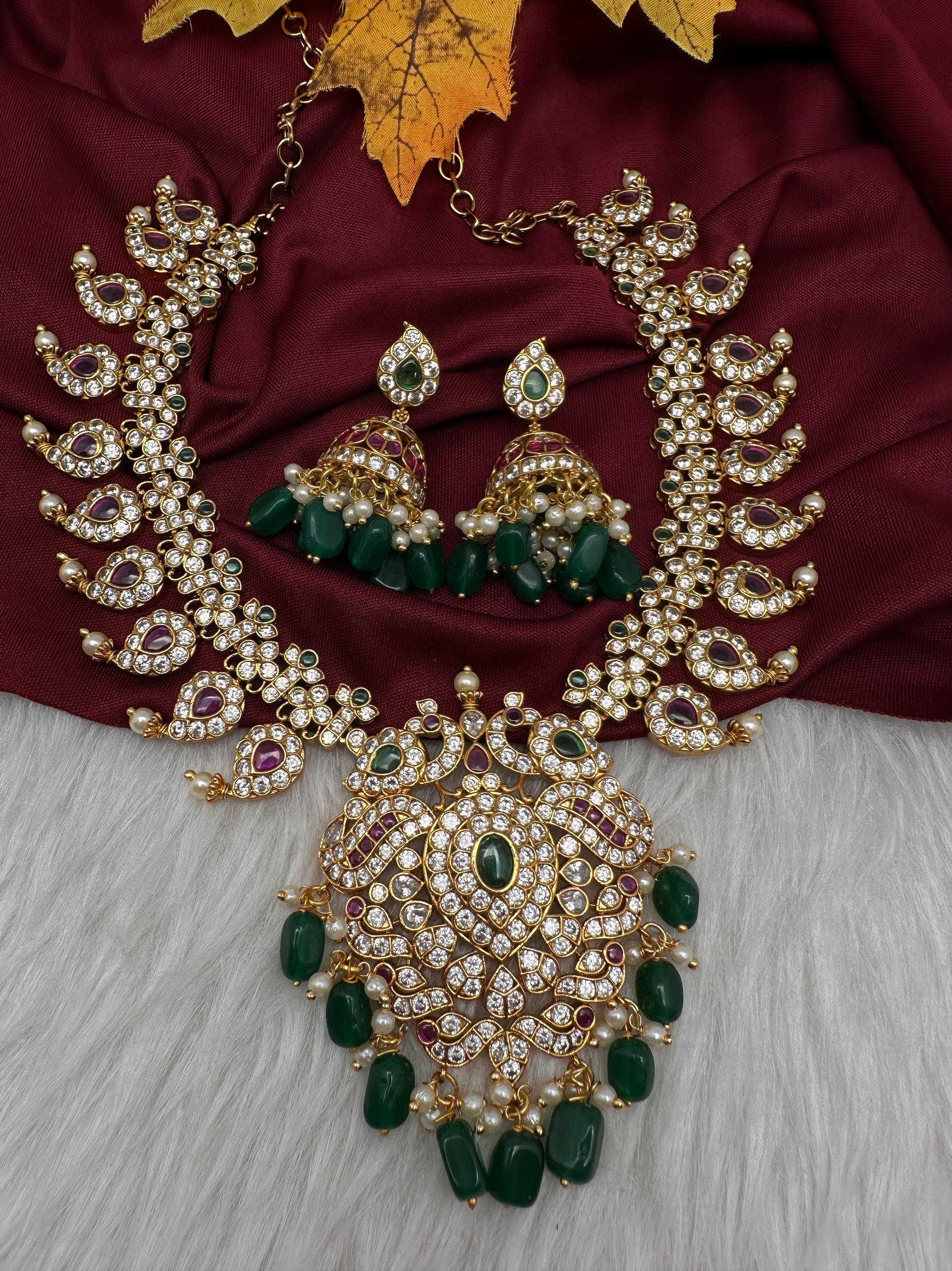 Red Green Mango Mala Short Necklace with Jhumkis - 