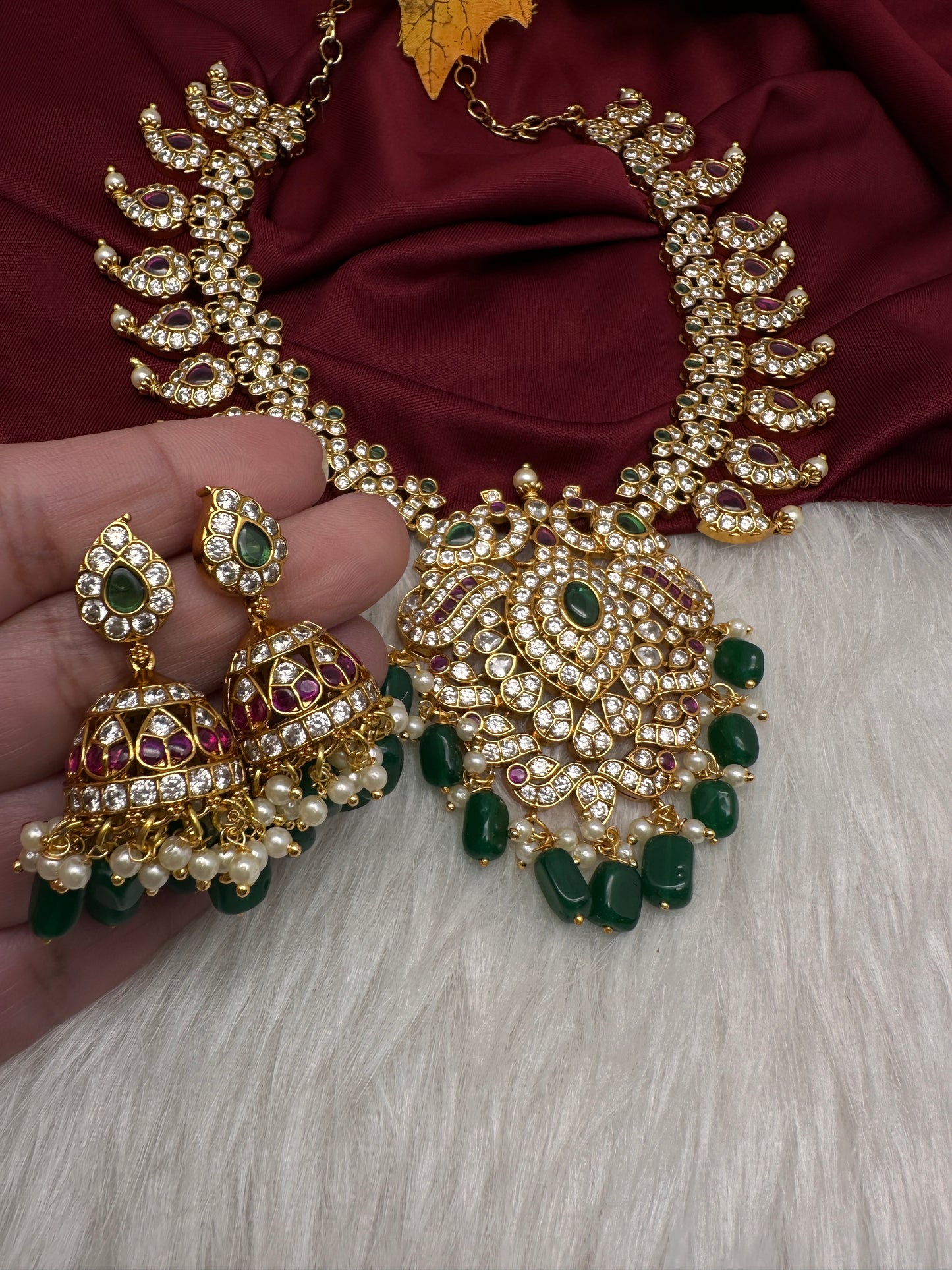 Red Green Mango Mala Short Necklace with Jhumkis - 