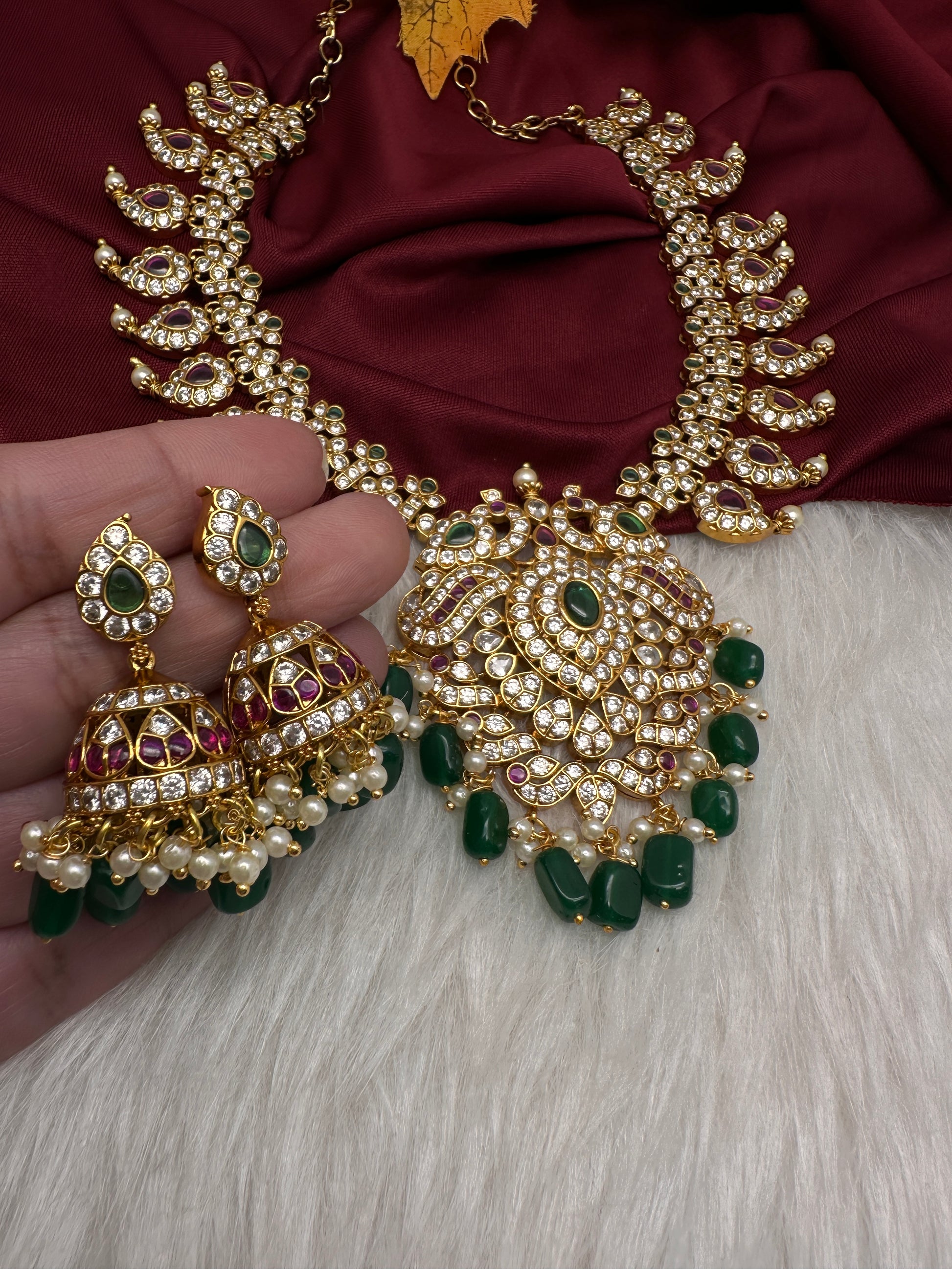 Red Green Mango Mala Short Necklace with Jhumkis - 