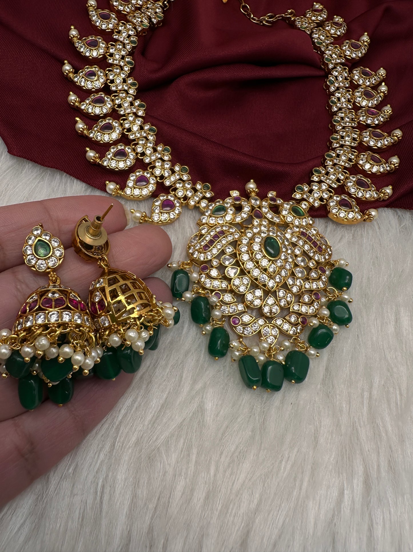 Red Green Mango Mala Short Necklace with Jhumkis - 