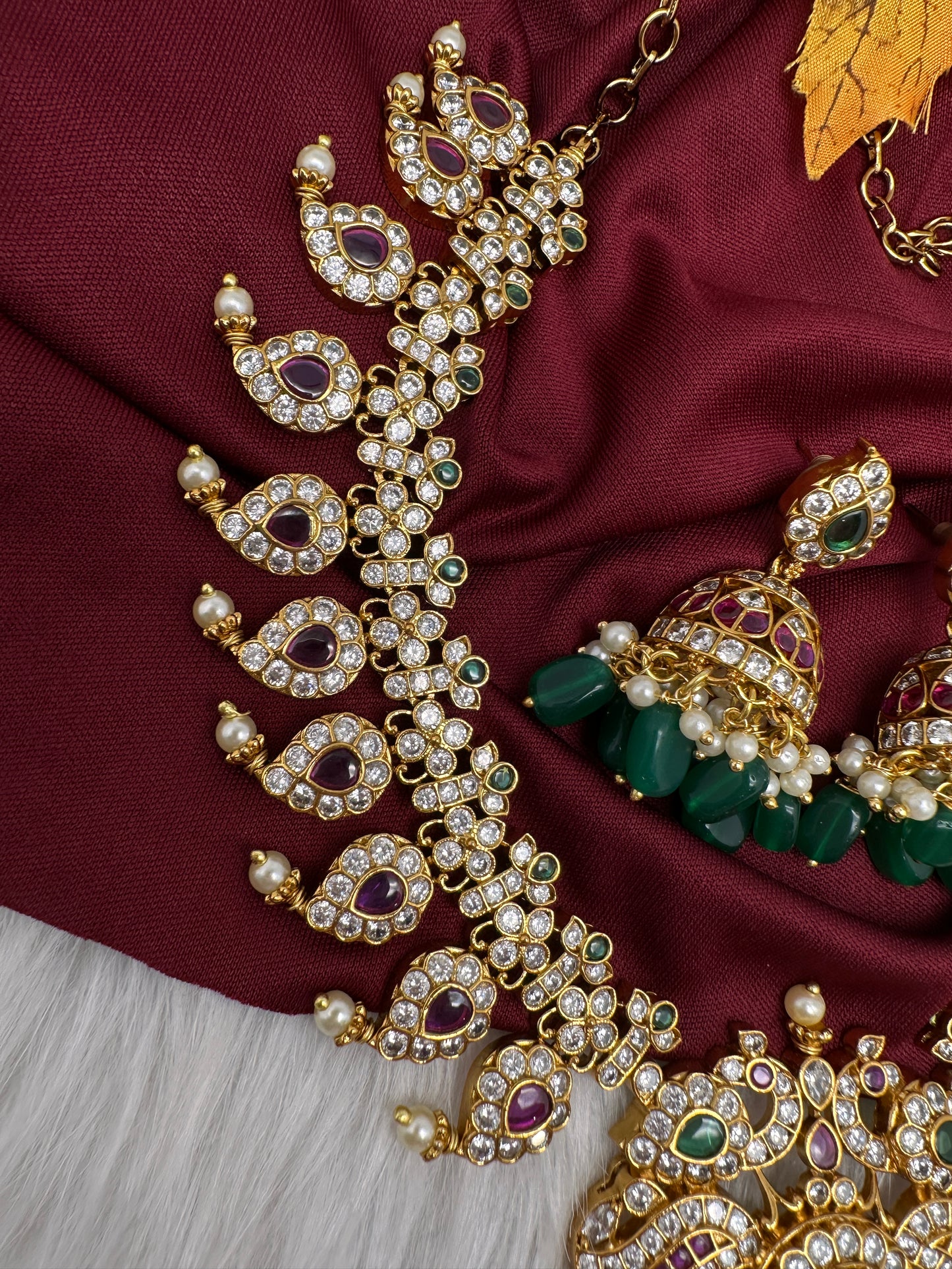 Red Green Mango Mala Short Necklace with Jhumkis - 