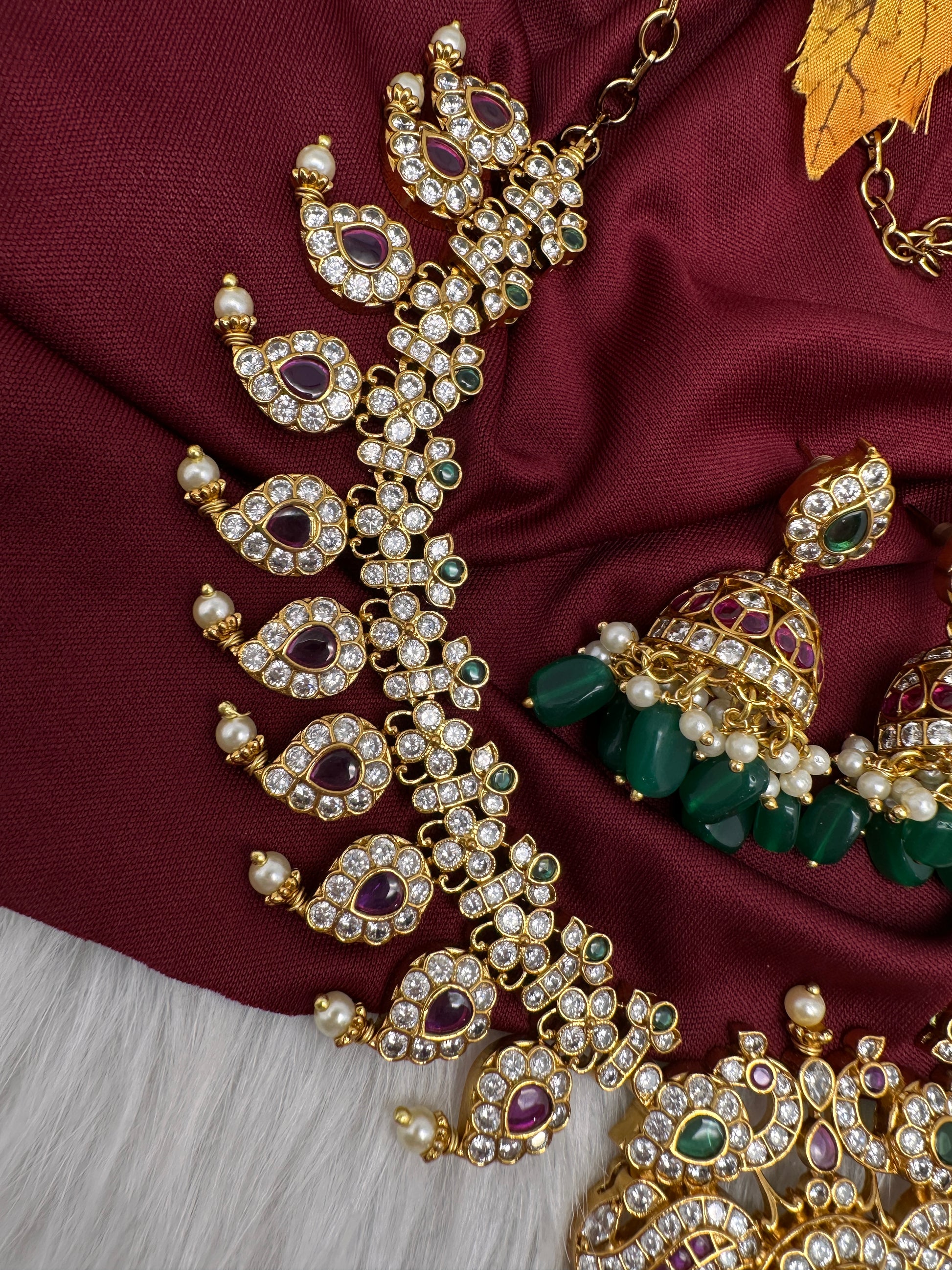 Red Green Mango Mala Short Necklace with Jhumkis - 