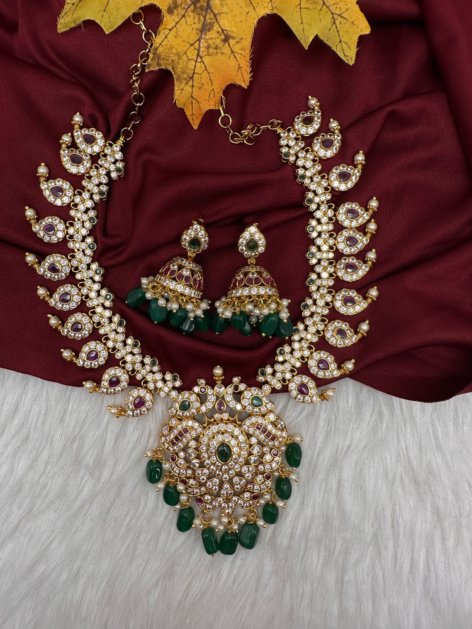 Red Green Mango Mala Short Necklace with Jhumkis - 
