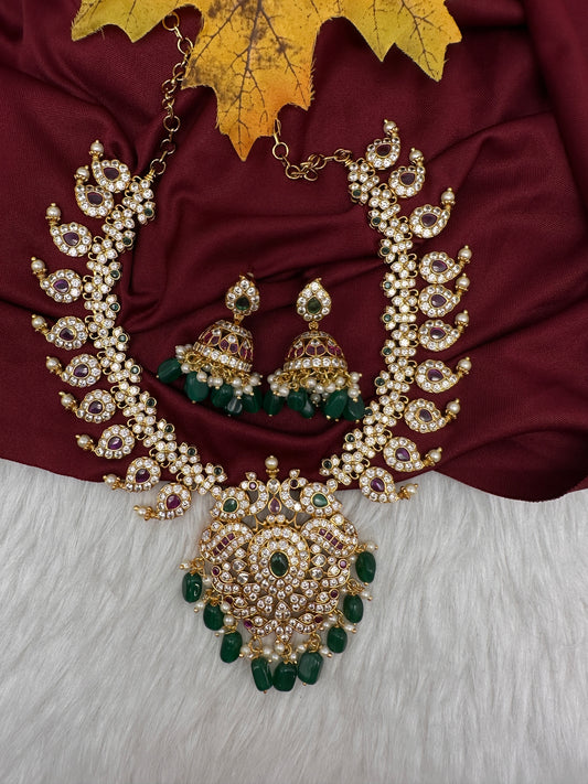 Red Green Mango Mala Short Necklace with Jhumkis - 