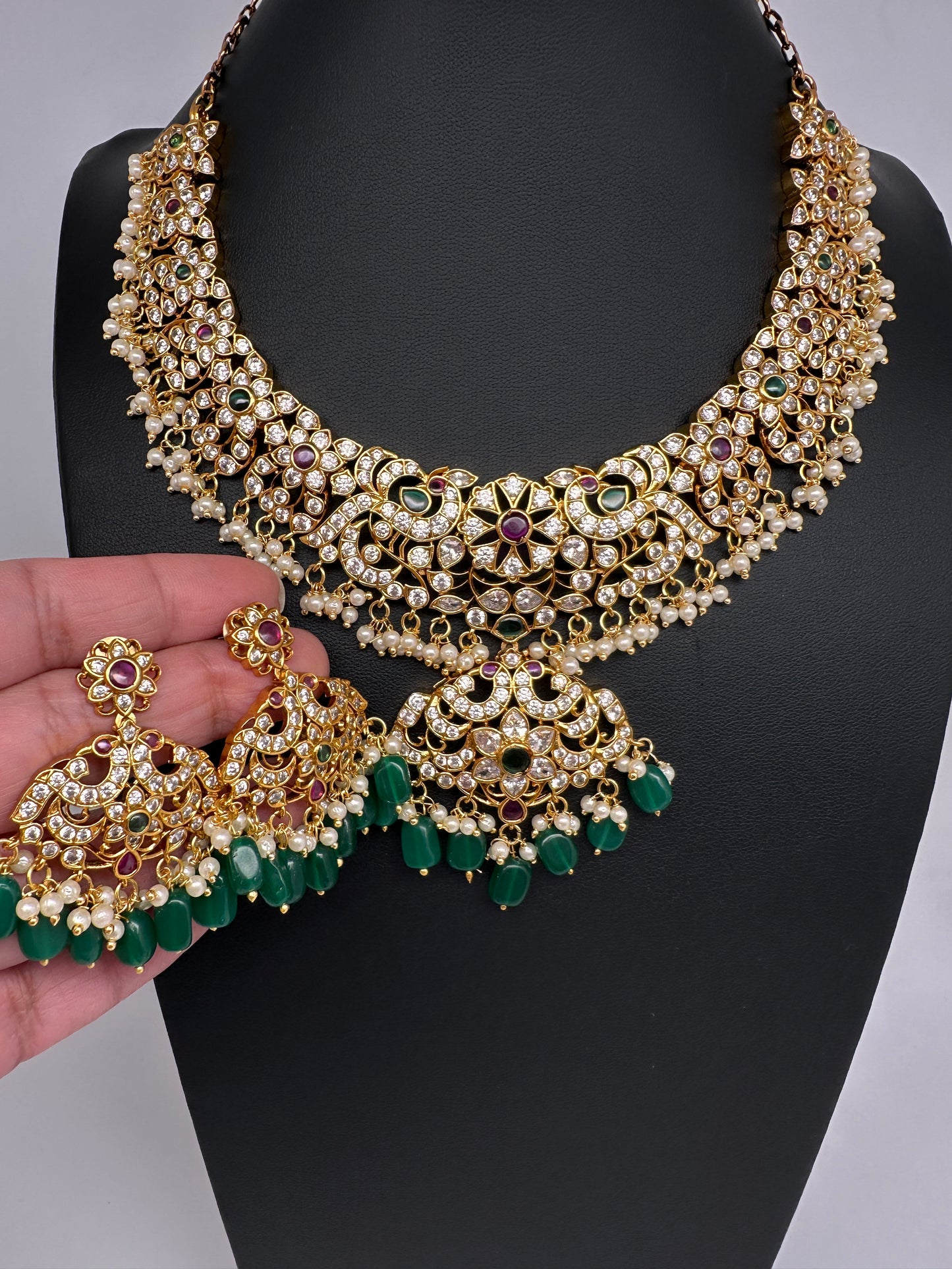 CZ Peacock Neckline Short Necklace with Jhumkis - 