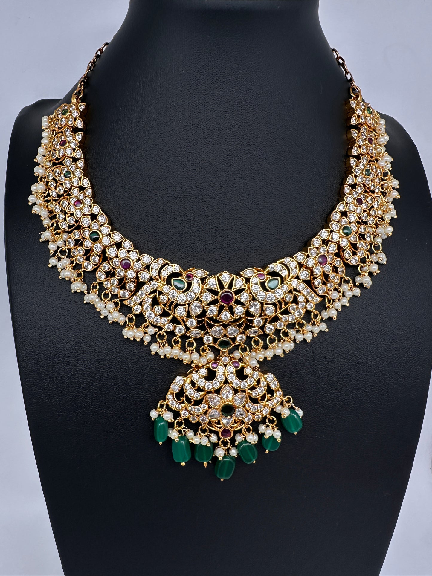 CZ Peacock Neckline Short Necklace with Jhumkis - 