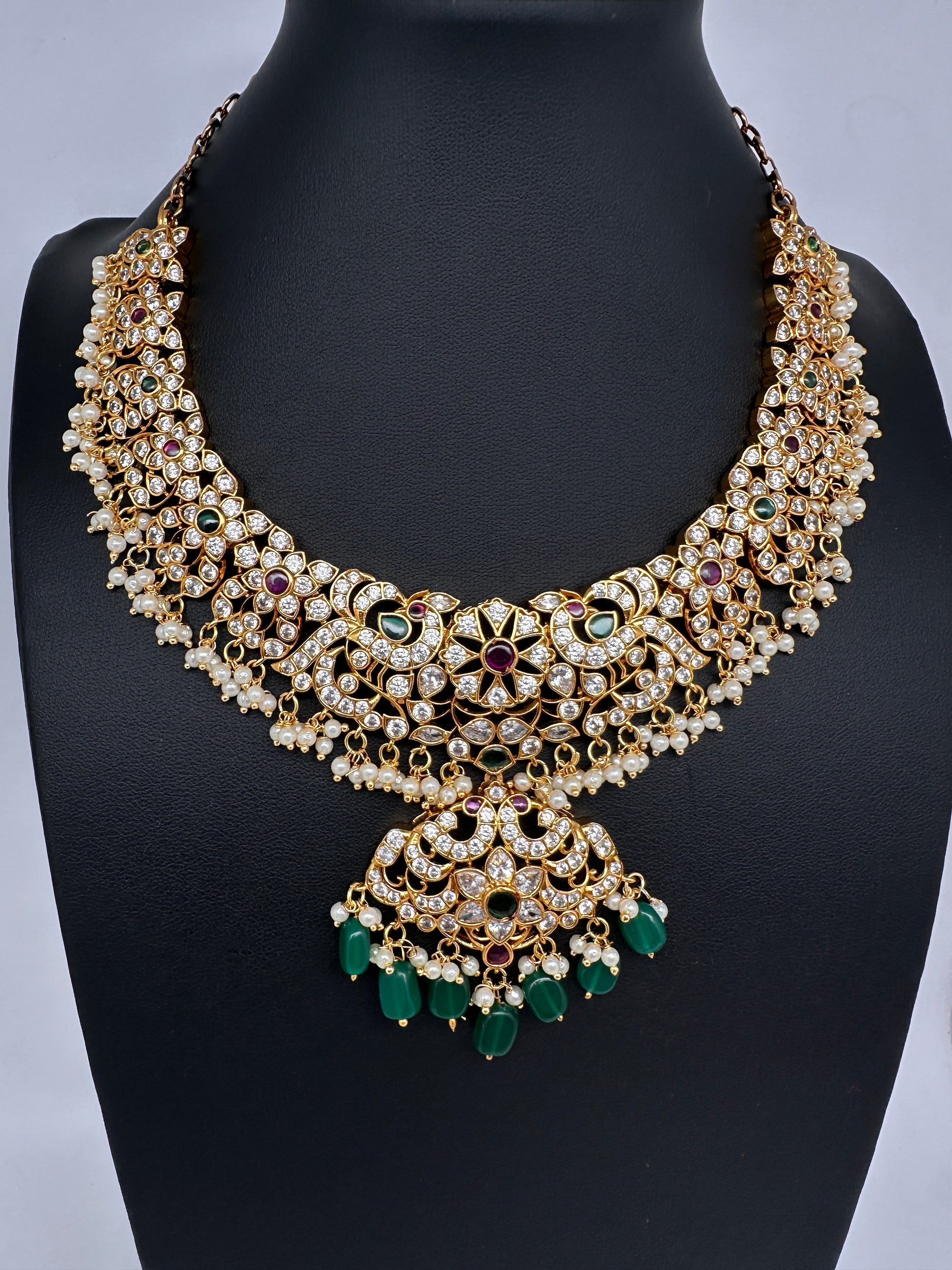 CZ Peacock Neckline Short Necklace with Jhumkis - 