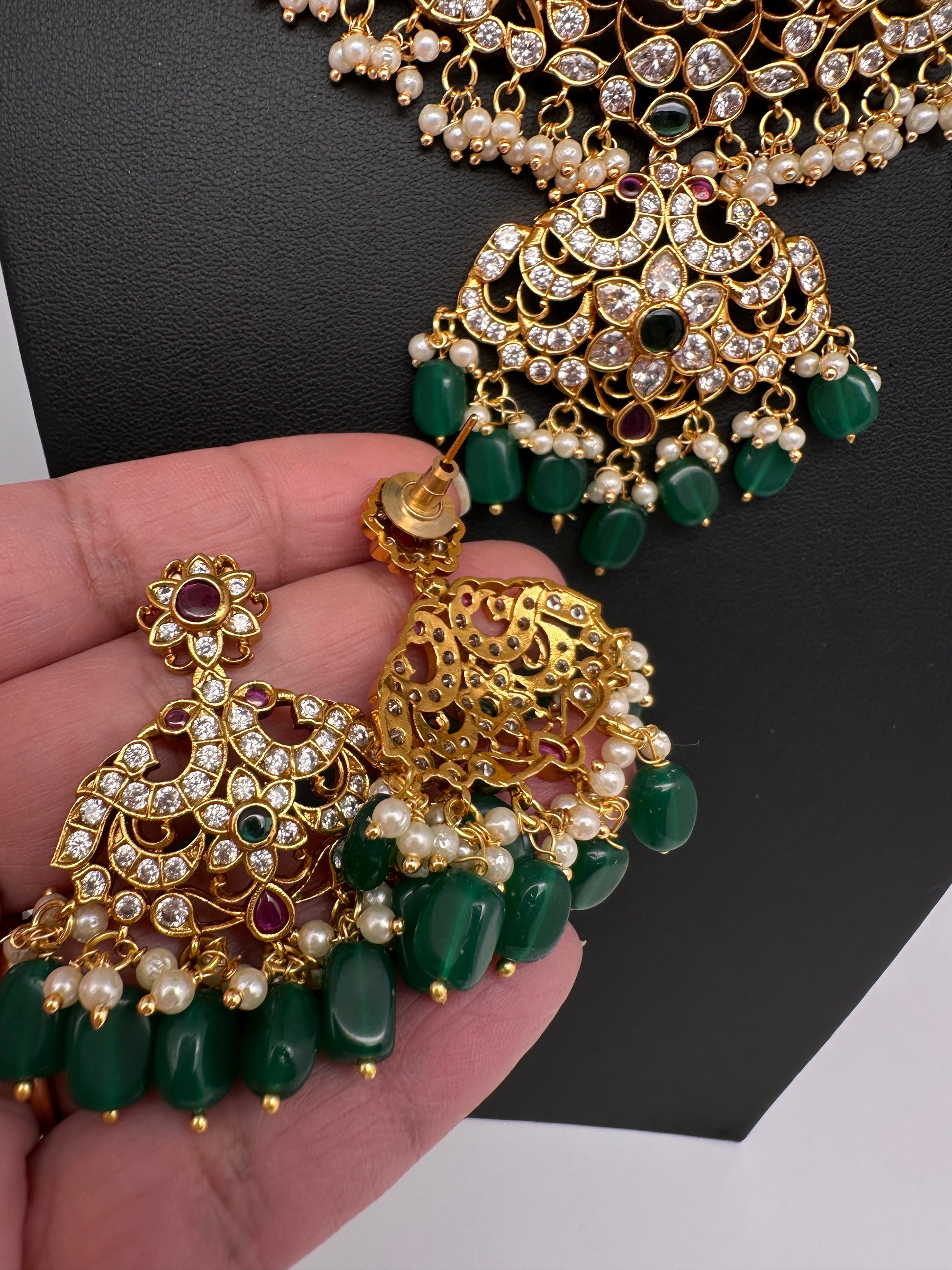 CZ Peacock Neckline Short Necklace with Jhumkis - 