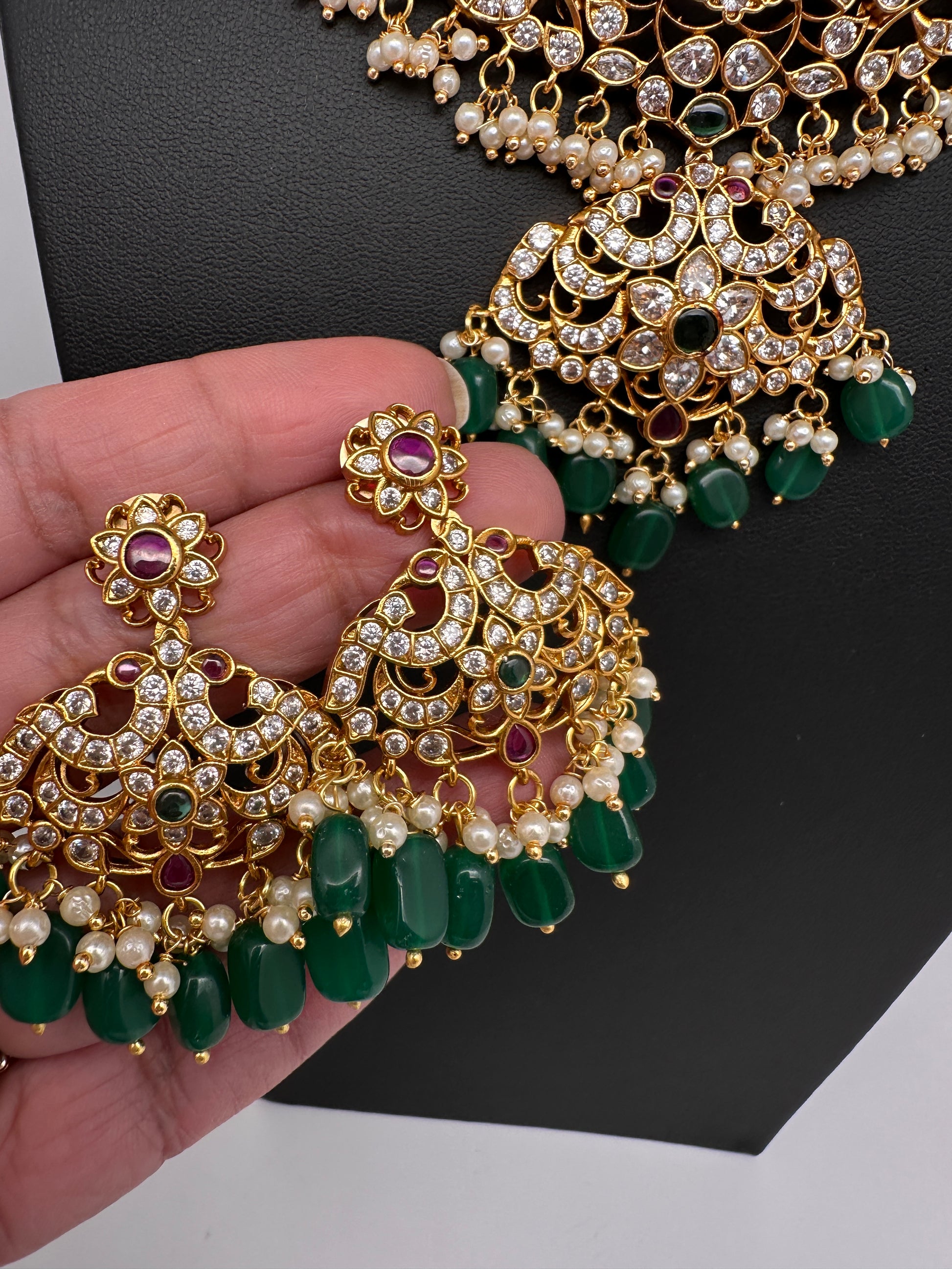 CZ Peacock Neckline Short Necklace with Jhumkis - 