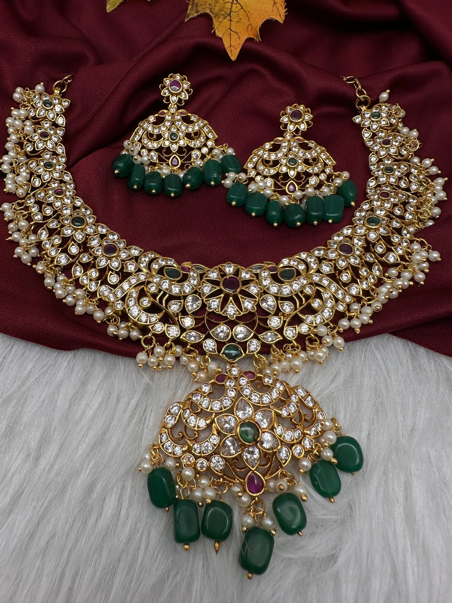CZ Peacock Neckline Short Necklace with Jhumkis - 