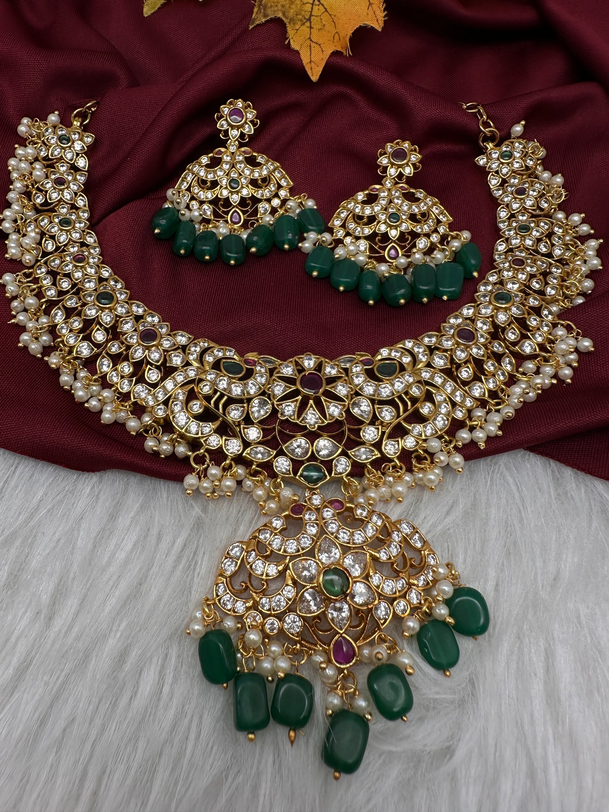 CZ Peacock Neckline Short Necklace with Jhumkis - 