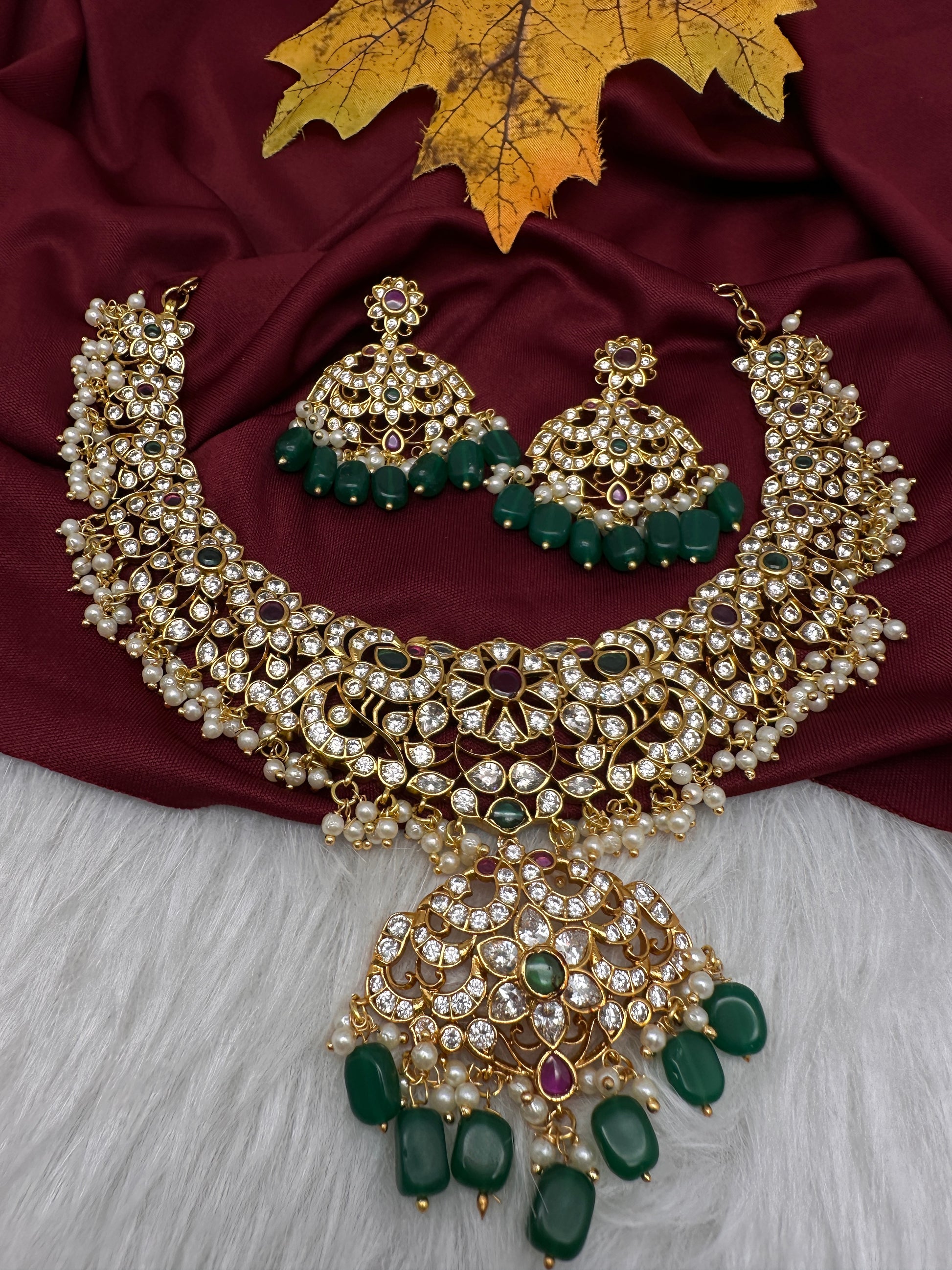 CZ Peacock Neckline Short Necklace with Jhumkis - 