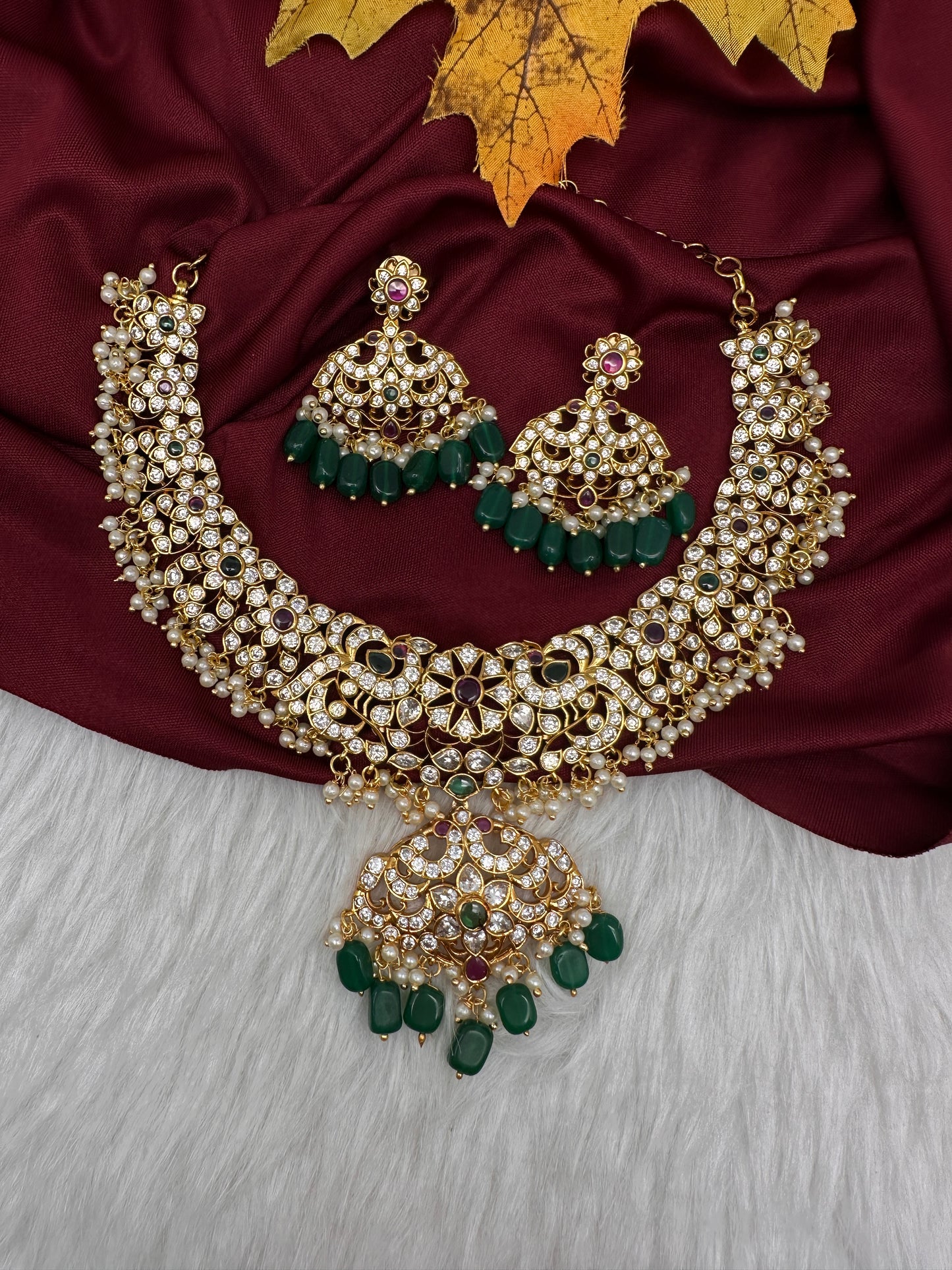 CZ Peacock Neckline Short Necklace with Jhumkis - 