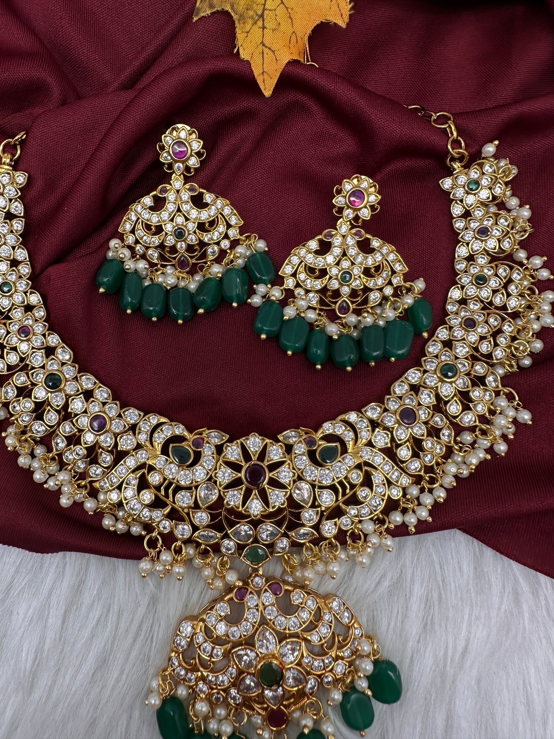 CZ Peacock Neckline Short Necklace with Jhumkis - 
