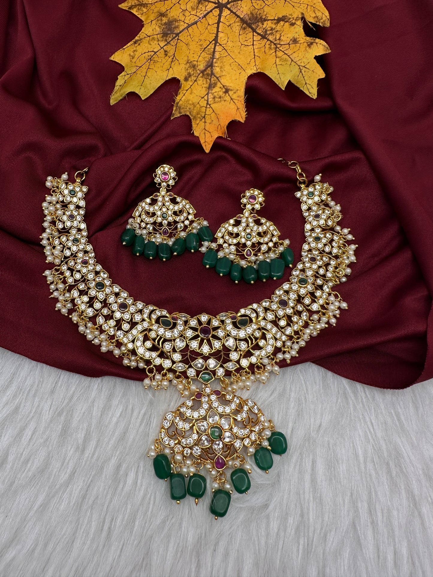 CZ Peacock Neckline Short Necklace with Jhumkis - 