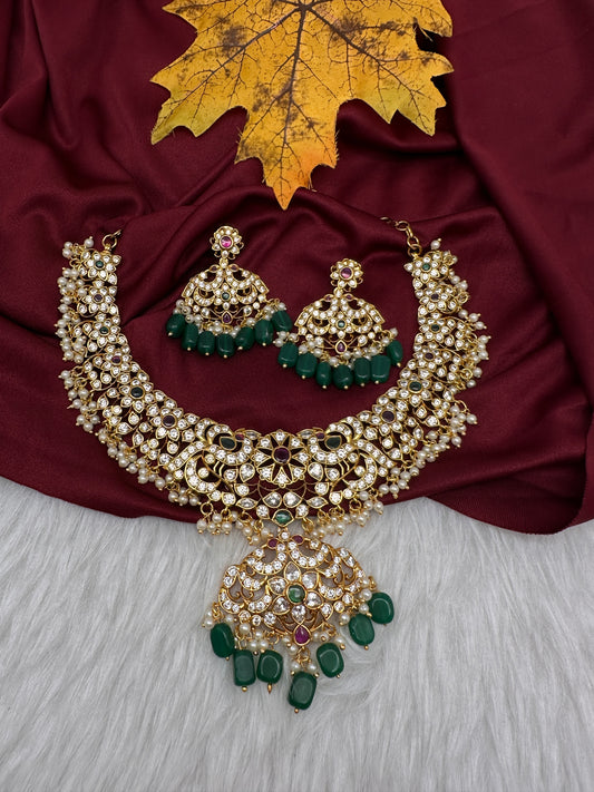 CZ Peacock Neckline Short Necklace with Jhumkis - 