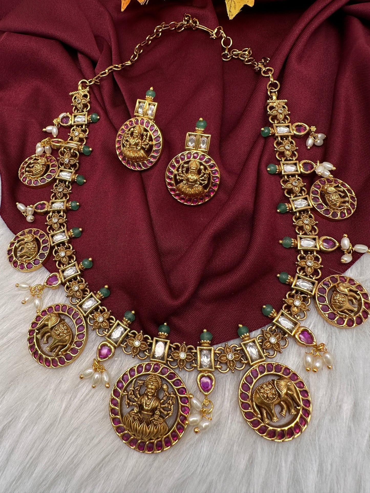 Matte Goddess Lakshmi Elephant Short Necklace - Red