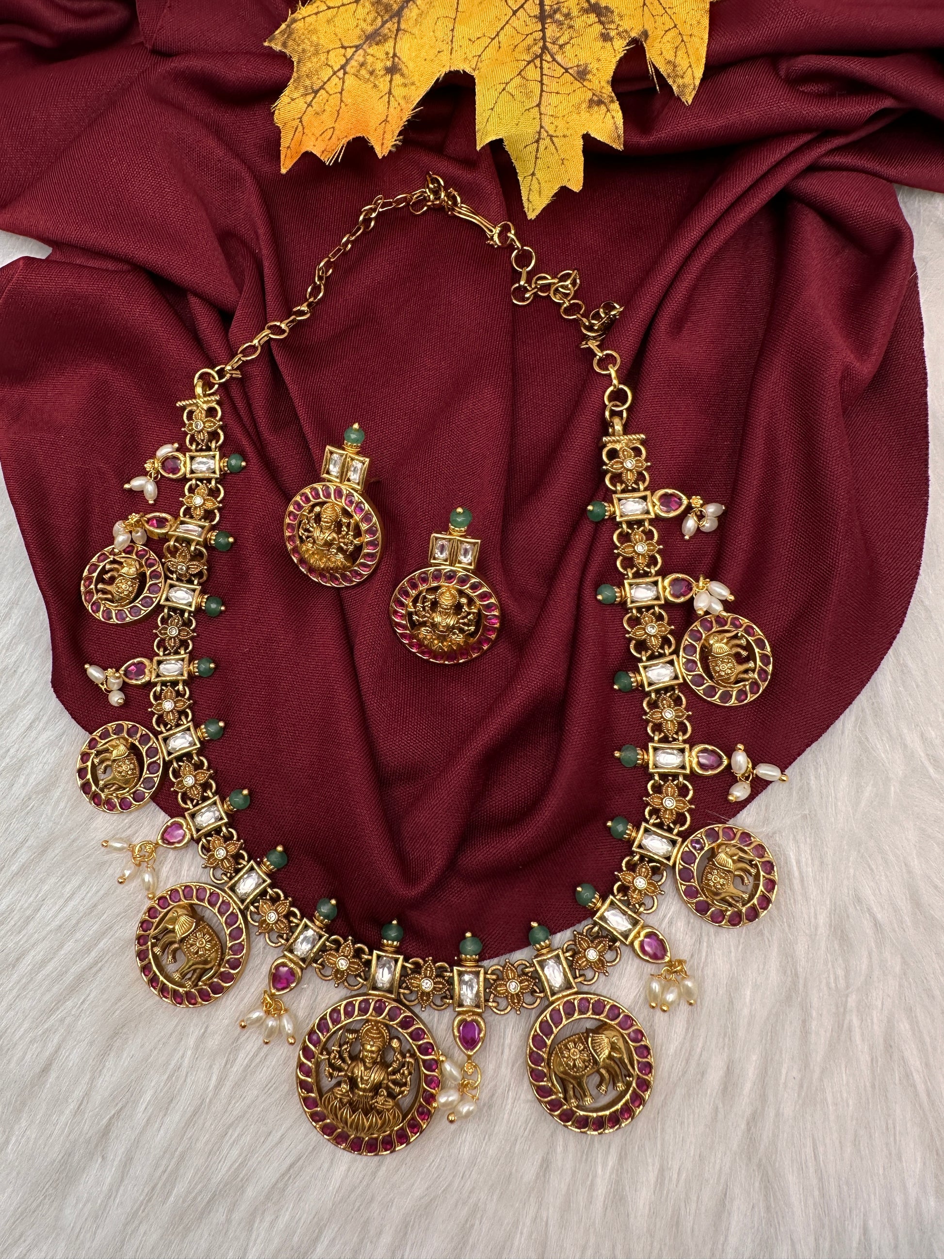 Matte Goddess Lakshmi Elephant Short Necklace - Red