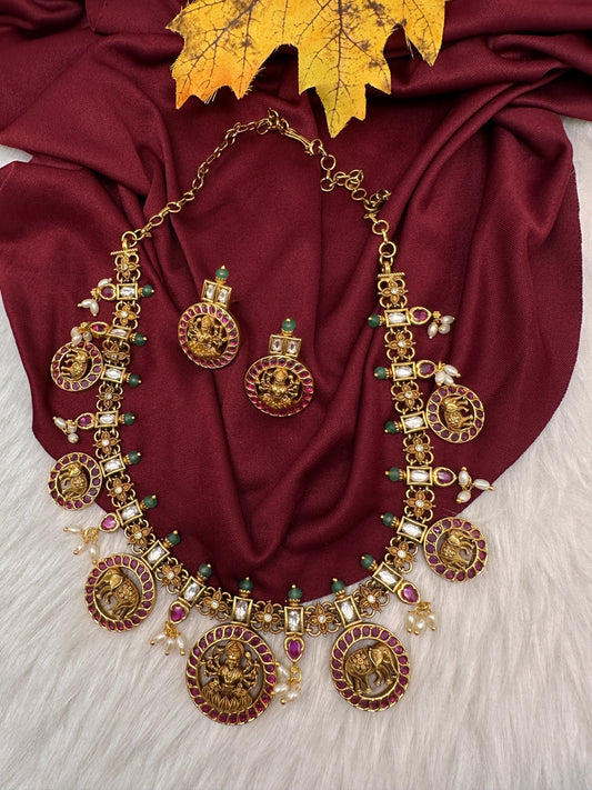 Matte Goddess Lakshmi Elephant Short Necklace - Red