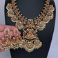 Matte Kempu Goddess Lakshmi Chandbali Pearls Short Necklace - 