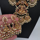 Matte Kempu Goddess Lakshmi Chandbali Pearls Short Necklace - 