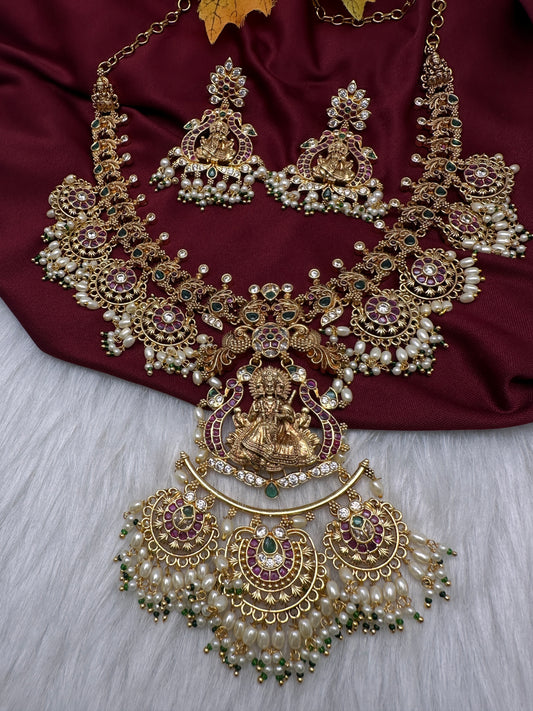 Matte Kempu Goddess Lakshmi Chandbali Pearls Short Necklace - 