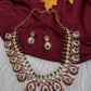 Matte Kempu Red Green Potta Stones Short Necklace - 