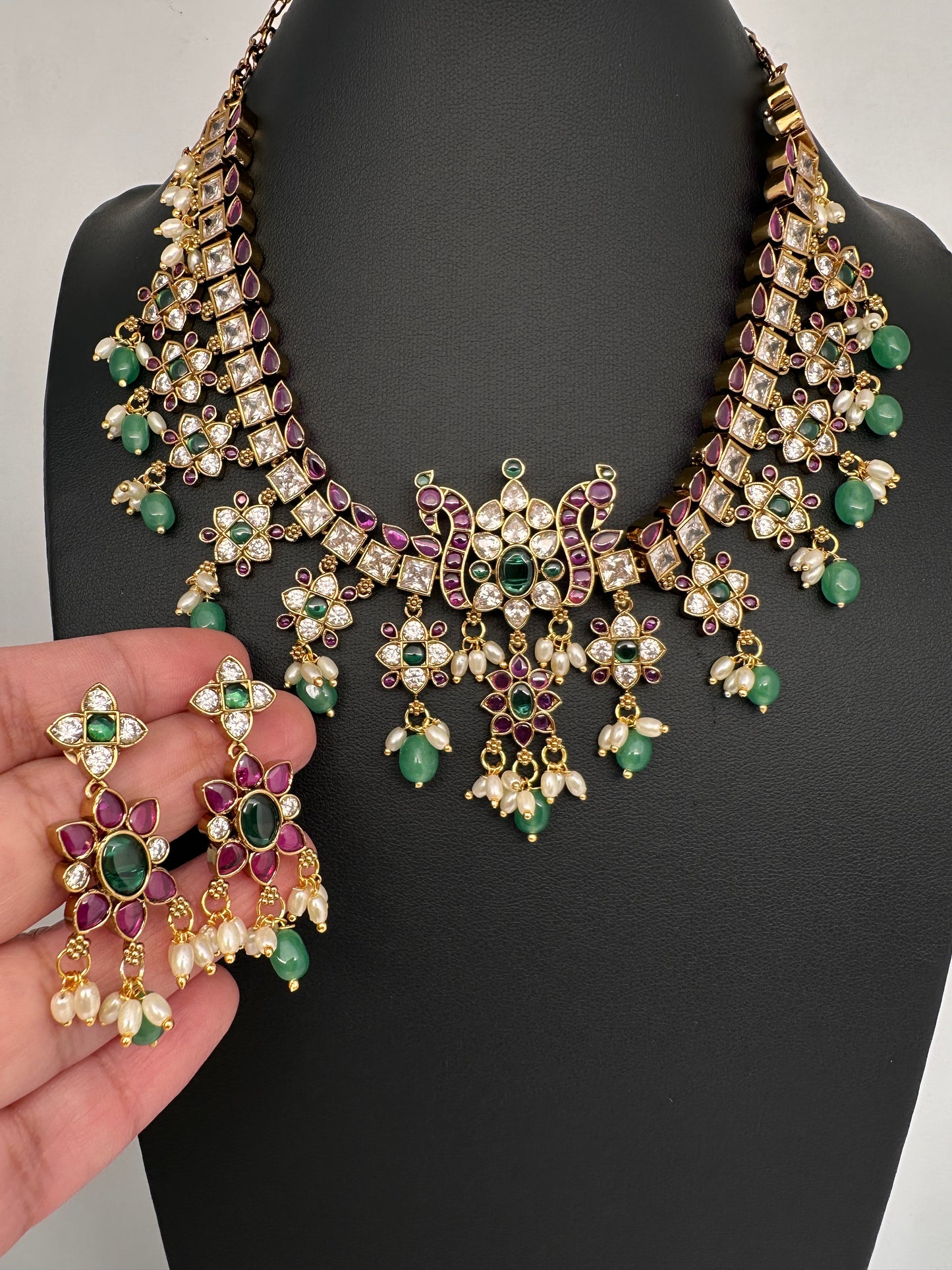 CZ Kemp Stones Multi Color Short Necklace - Green