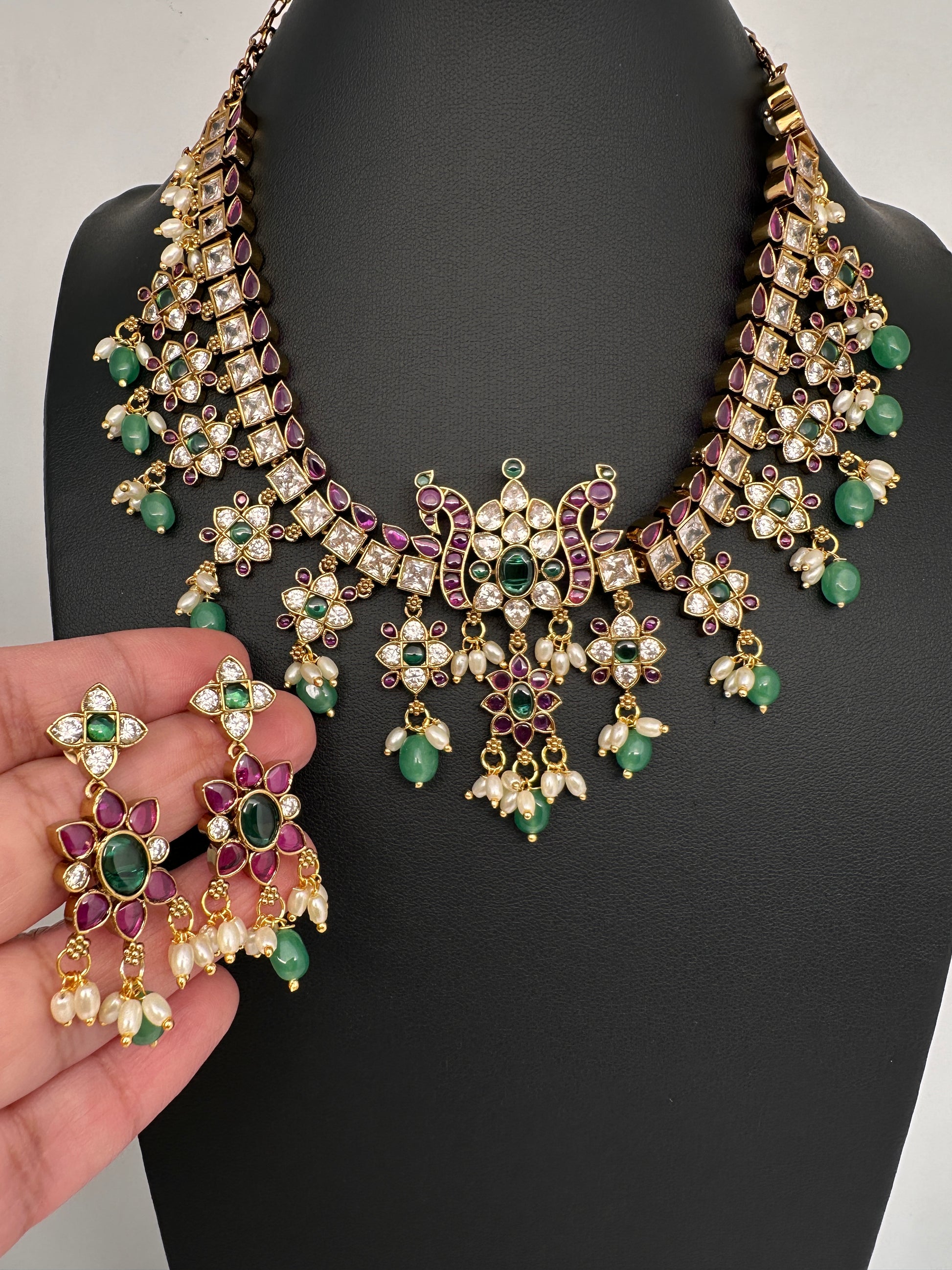 CZ Kemp Stones Multi Color Short Necklace - Green