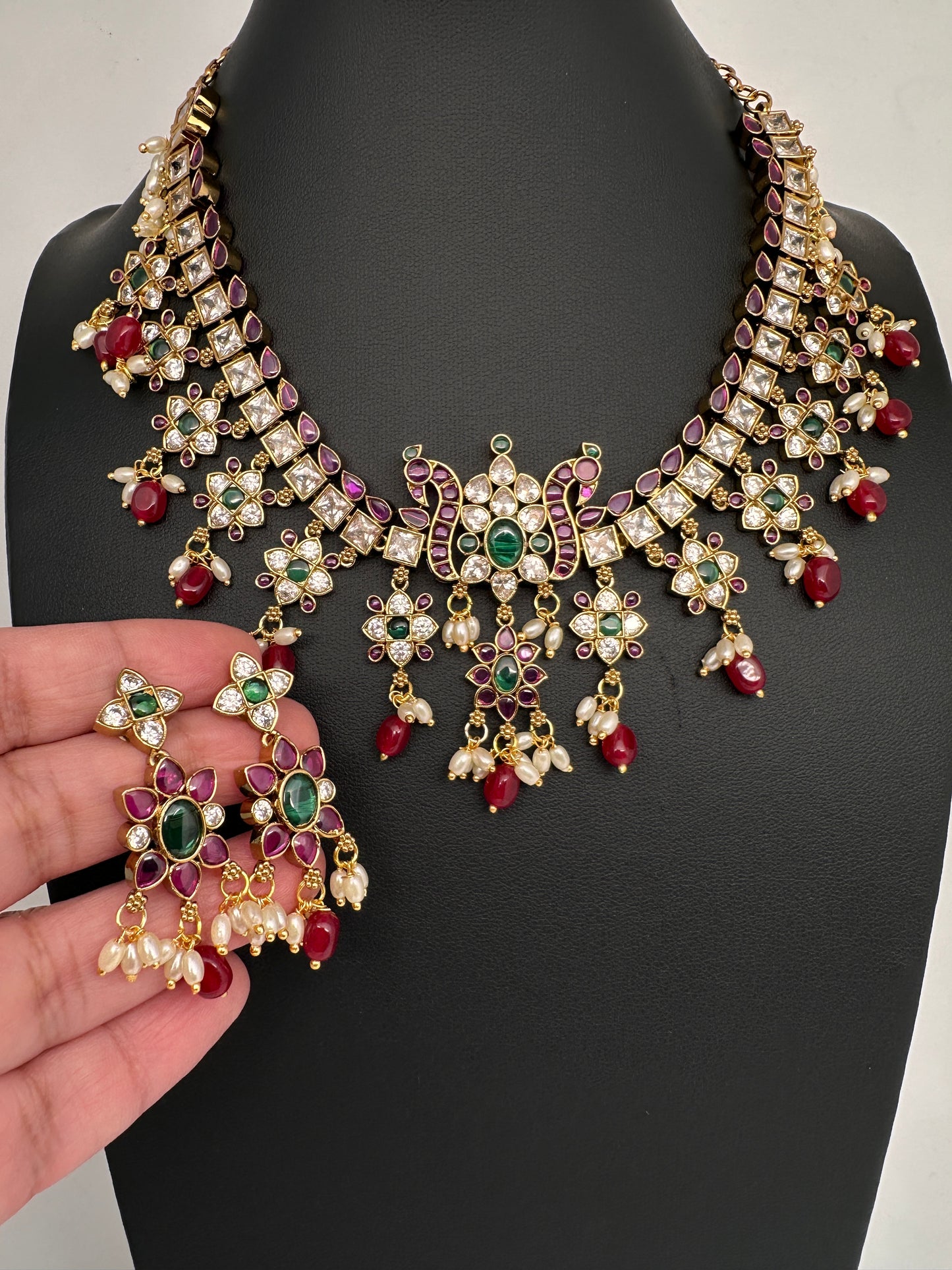 CZ Kemp Stones Multi Color Short Necklace - Red