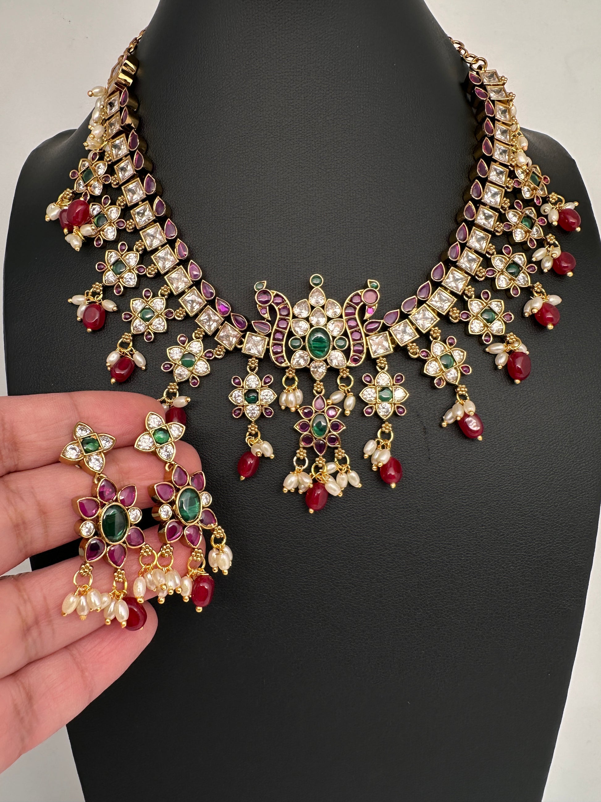 CZ Kemp Stones Multi Color Short Necklace - Red