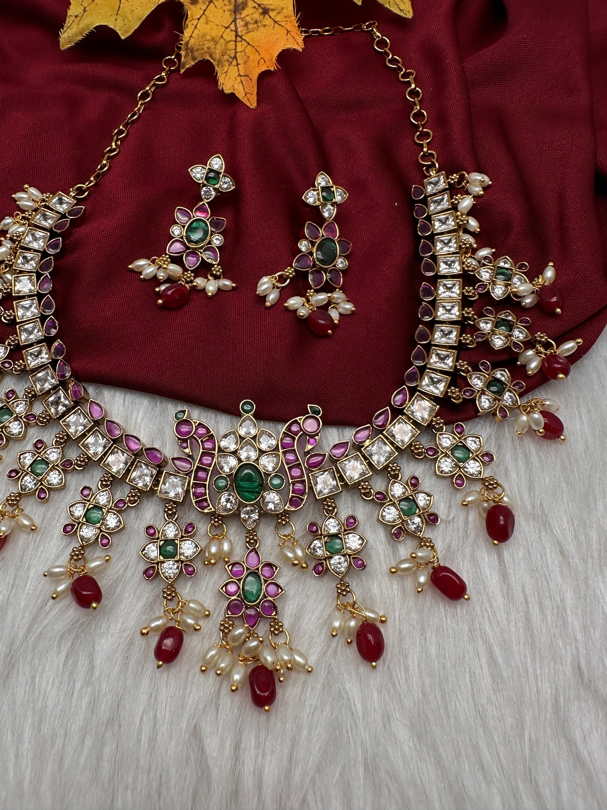 CZ Kemp Stones Multi Color Short Necklace - Red