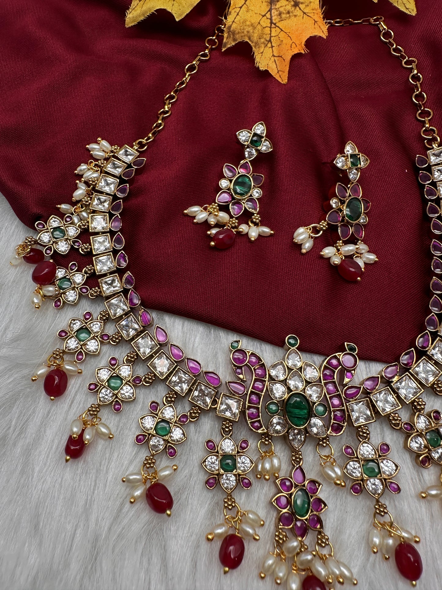 CZ Kemp Stones Multi Color Short Necklace - Red