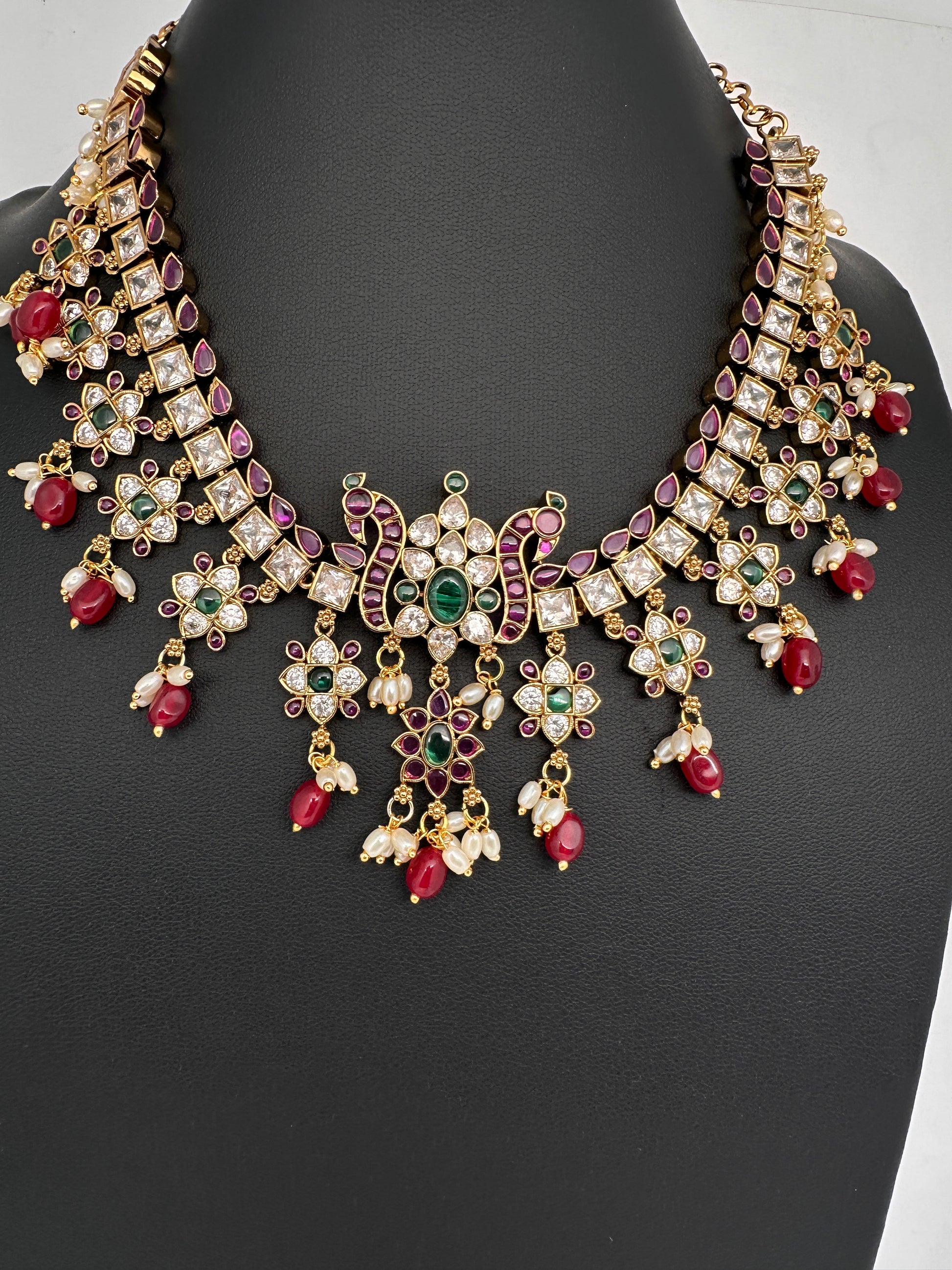 CZ Kemp Stones Multi Color Short Necklace - Red