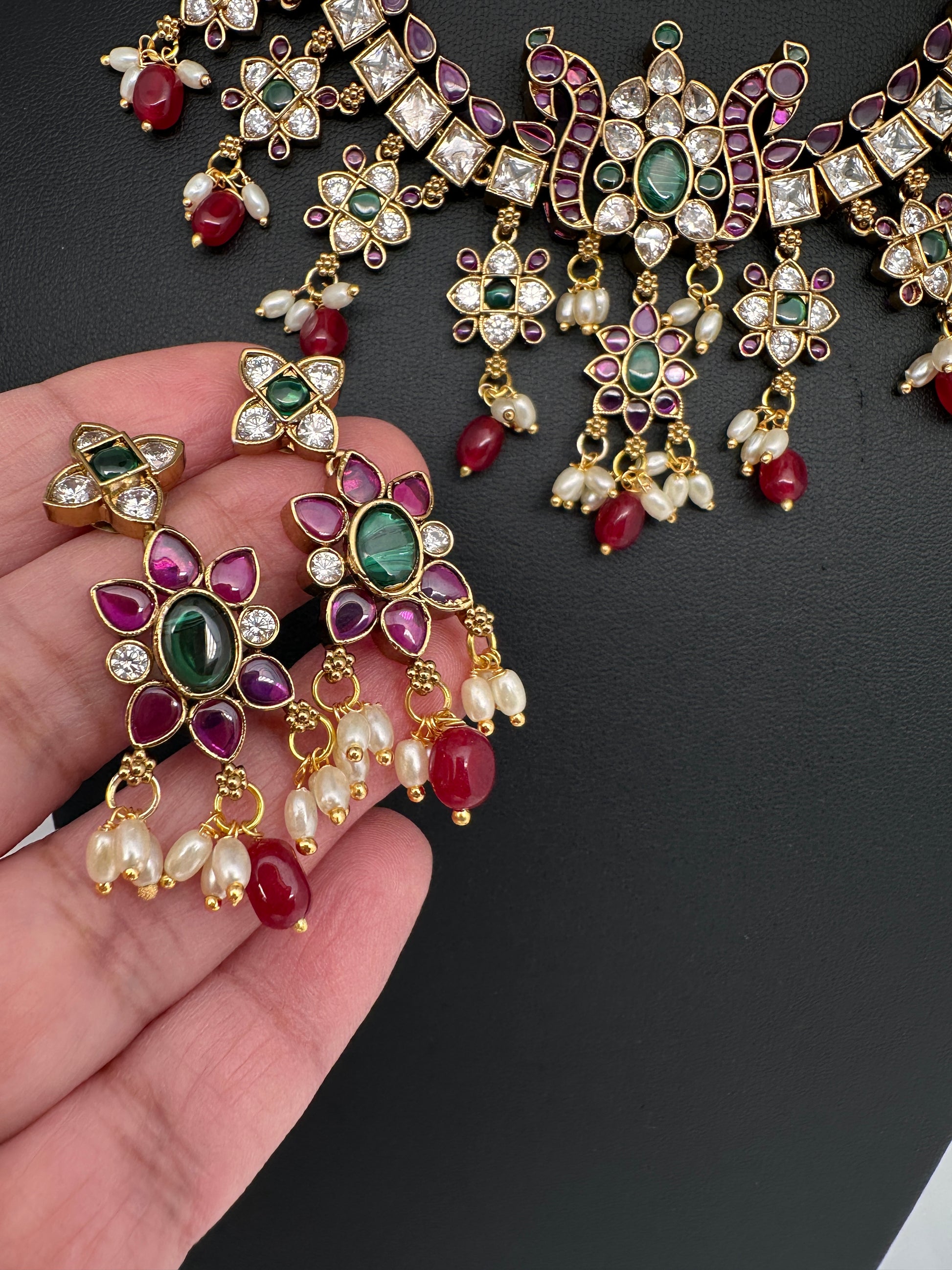 CZ Kemp Stones Multi Color Short Necklace - Red