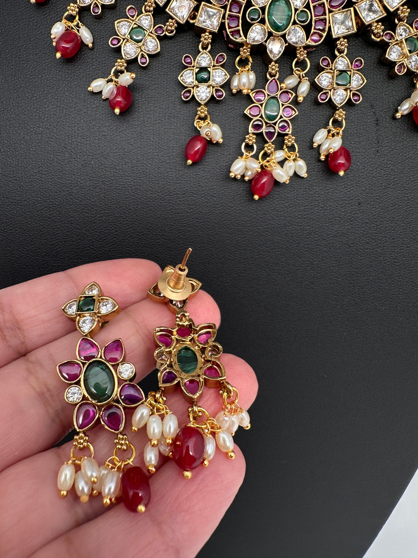 CZ Kemp Stones Multi Color Short Necklace - Red
