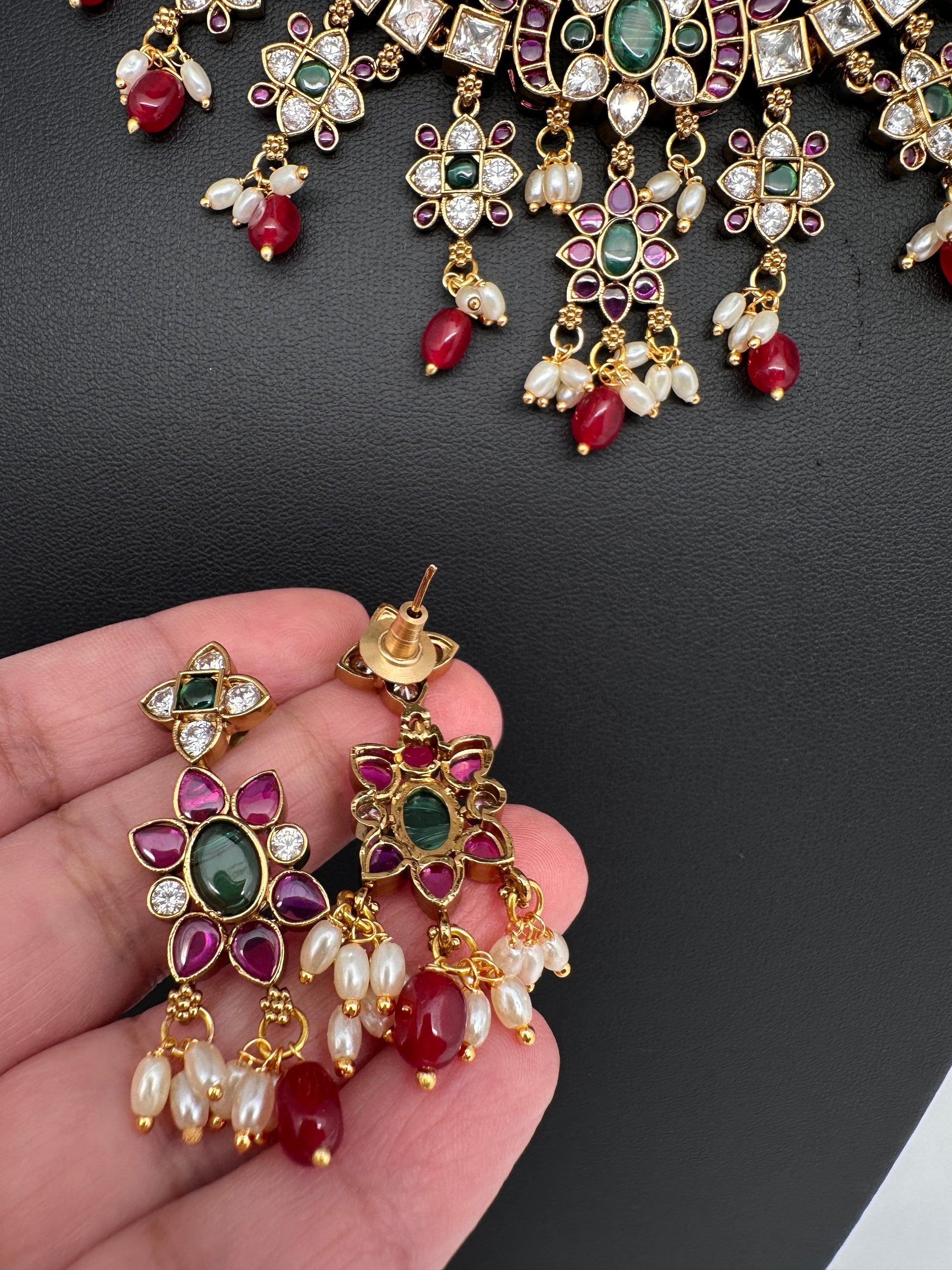 CZ Kemp Stones Multi Color Short Necklace - Red