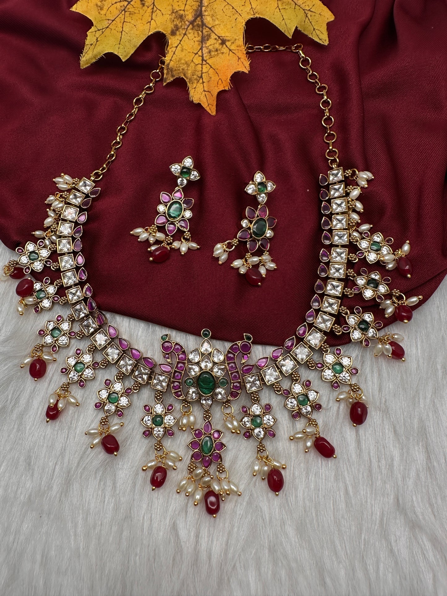 CZ Kemp Stones Multi Color Short Necklace - Red