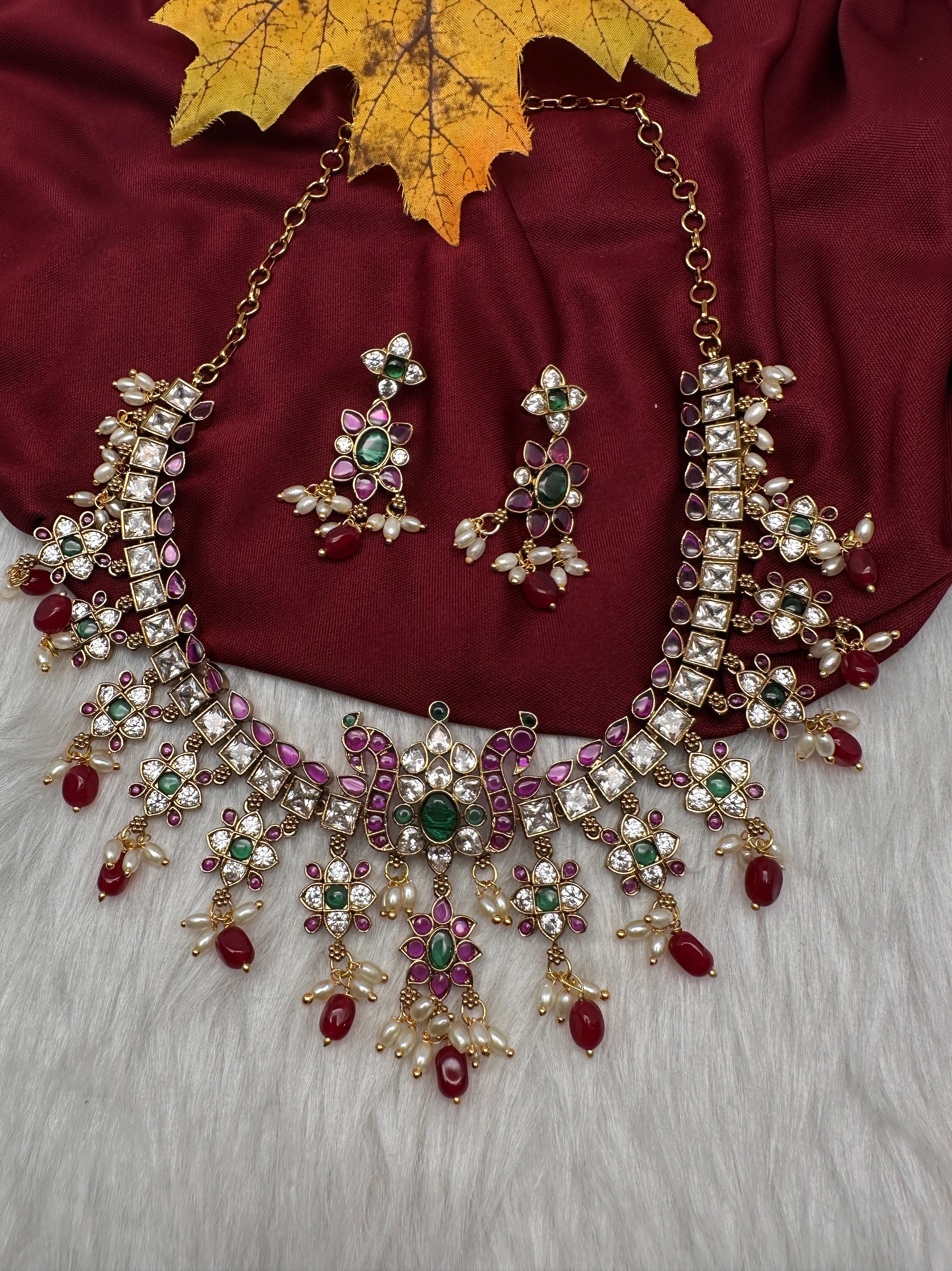 CZ Kemp Stones Multi Color Short Necklace - Red