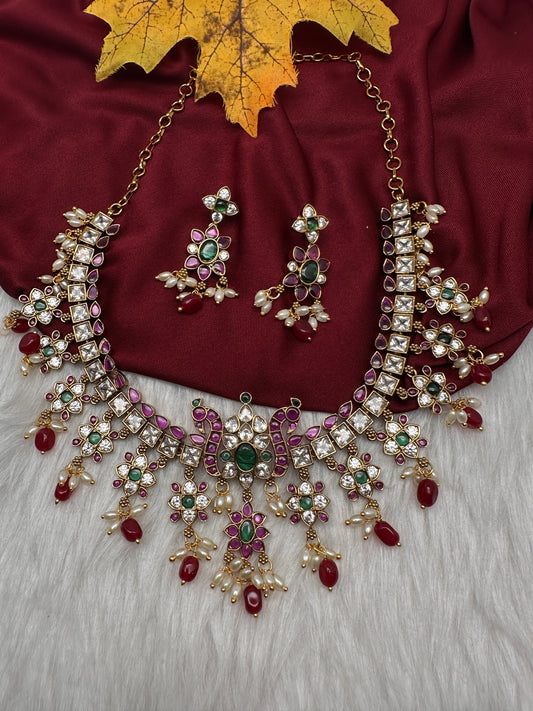 CZ Kemp Stones Multi Color Short Necklace - Red