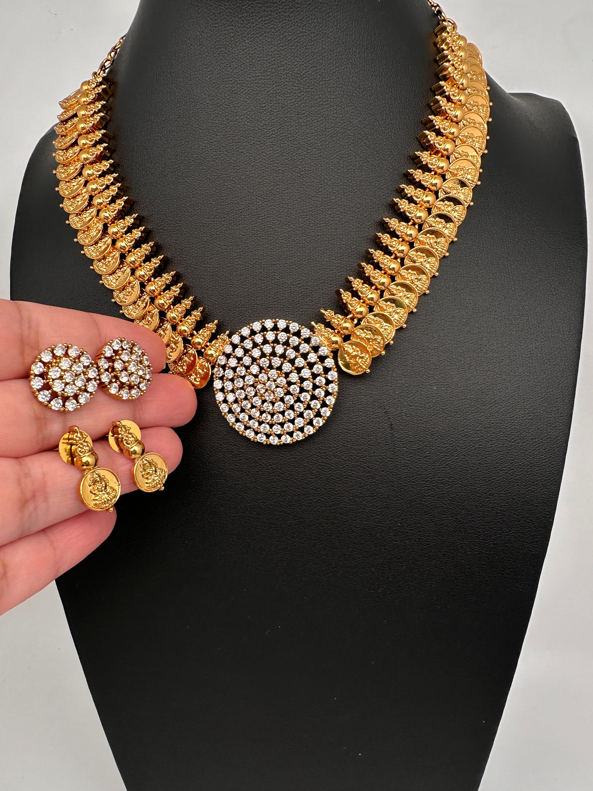 CZ Kassu Coin Gold Finish Short Necklace Comes with 2 Studs - 