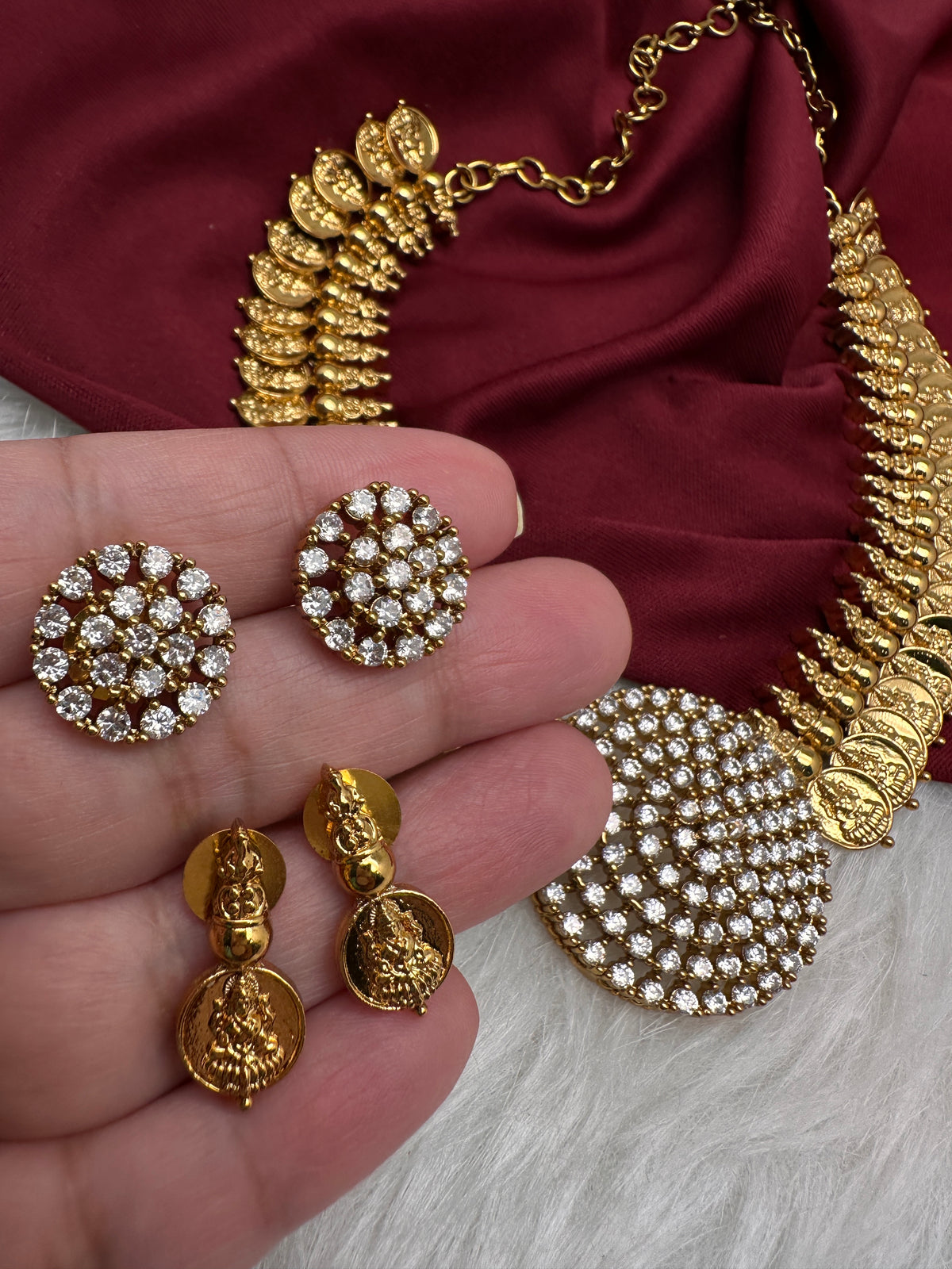 CZ Kassu Coin Gold Finish Short Necklace Comes with 2 Studs - 